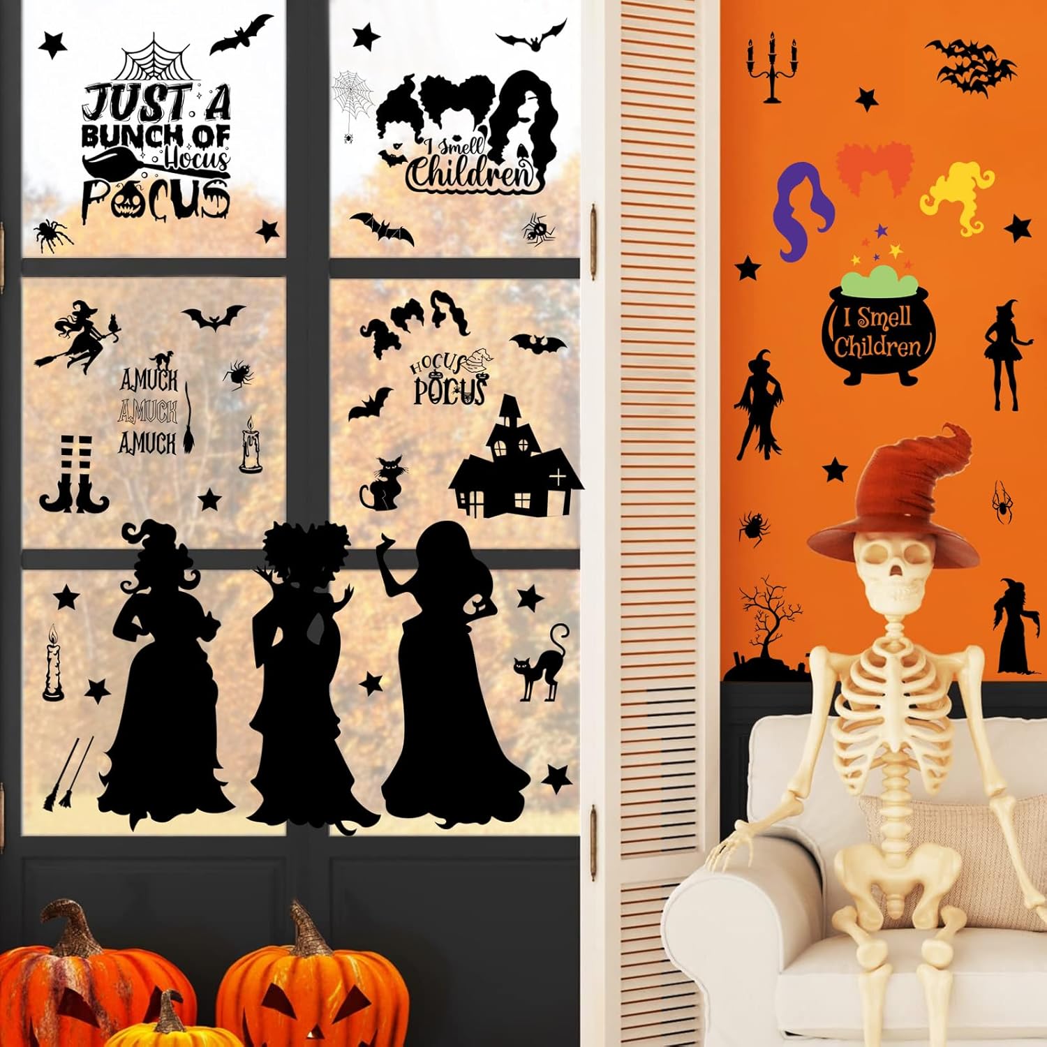 Decoraciones de Hocus Pocus, calcomanías de ventana de Halloween, 9 hojas, 91 piezas de calcomanías de Hocus Pocus de doble cara, calcomanías de