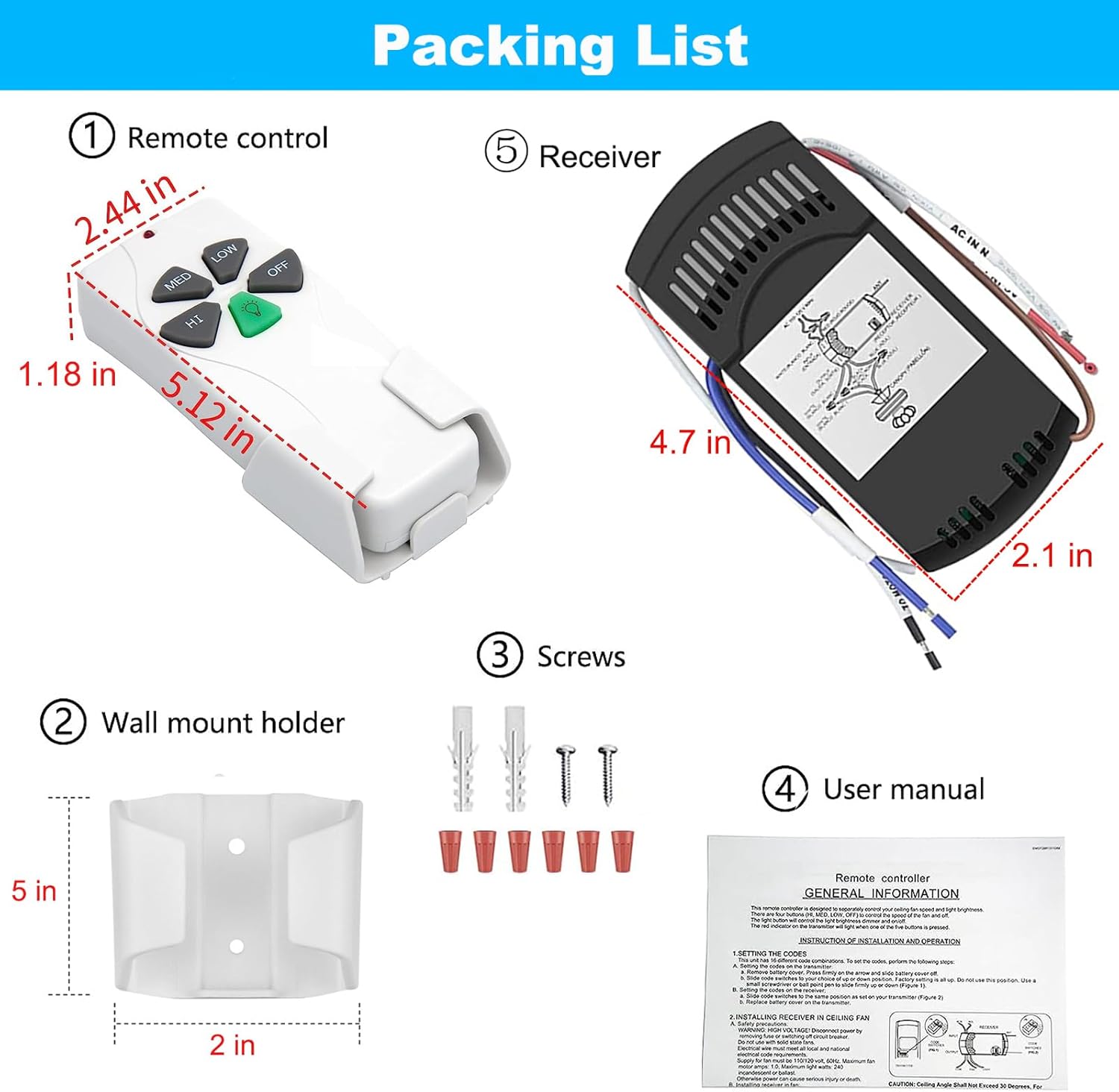 Kit de control remoto universal para ventilador de techo, repuesto para Hunter, Hampton Bay, Litex, 3 velocidades, con receptor FAN37R, reemplazo