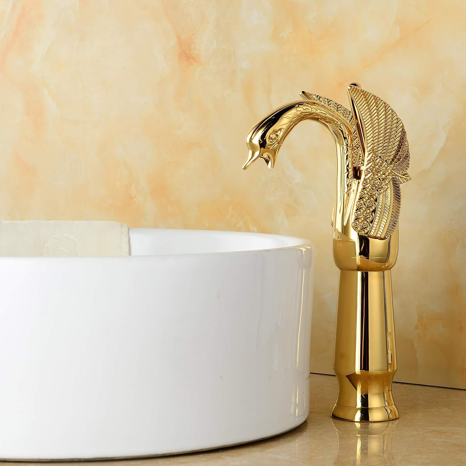 BWE Grifo de cisne de un solo agujero, dorado, a juego, desagüe desplegable sin tapón de desbordamiento y línea de suministro, grifo de lavabo de