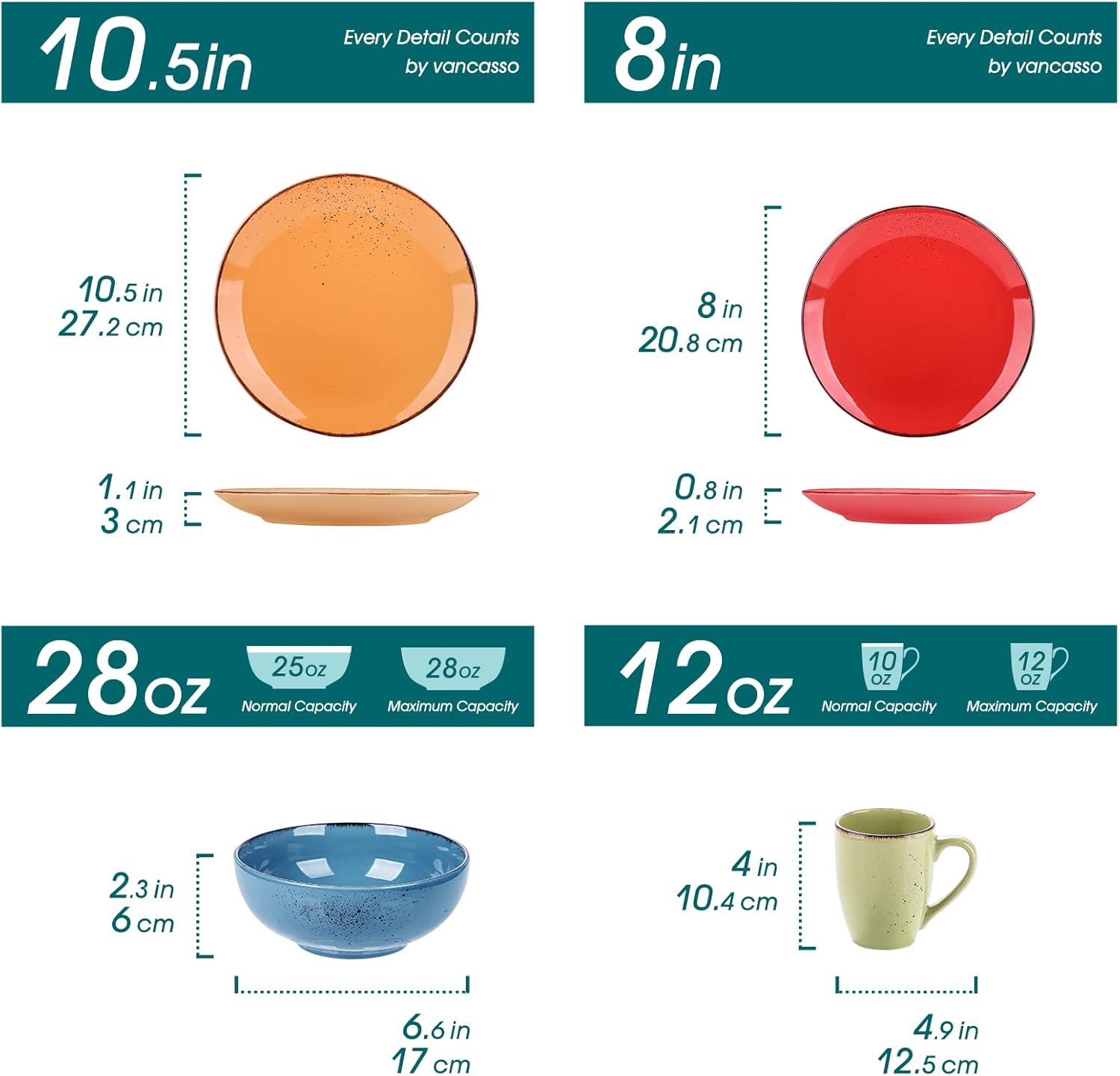 vancasso Navia – Juego de vajilla de cerámica, 32 piezas, platos de servicio con patrón de puntos de gres con platos llanos, platos de ensalada,