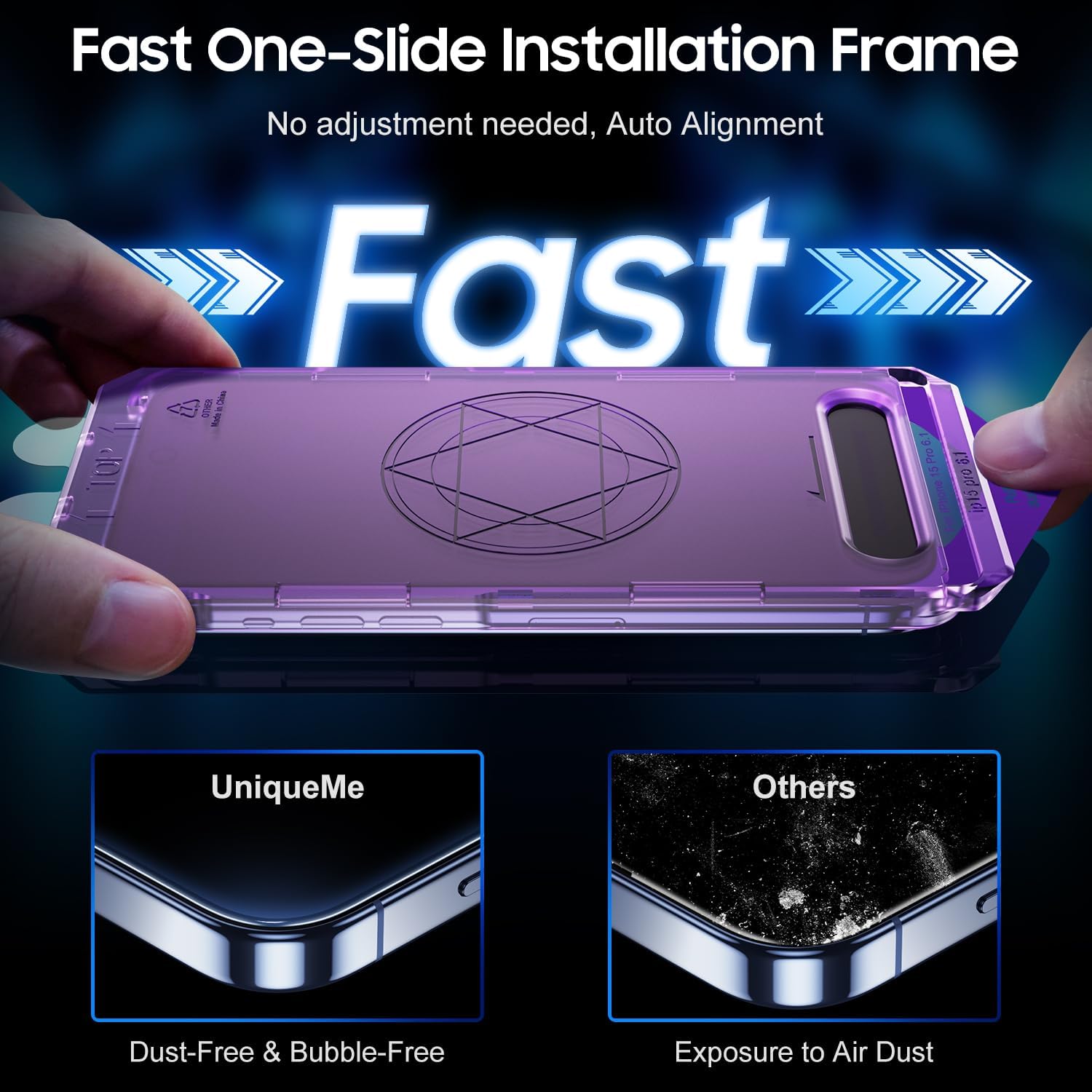 UniqueMe Protector de pantalla de privacidad para iPhone 15 Pro, cero burbujas Eliminación automática de polvo Anti-espía 9H, pantalla de vidrio