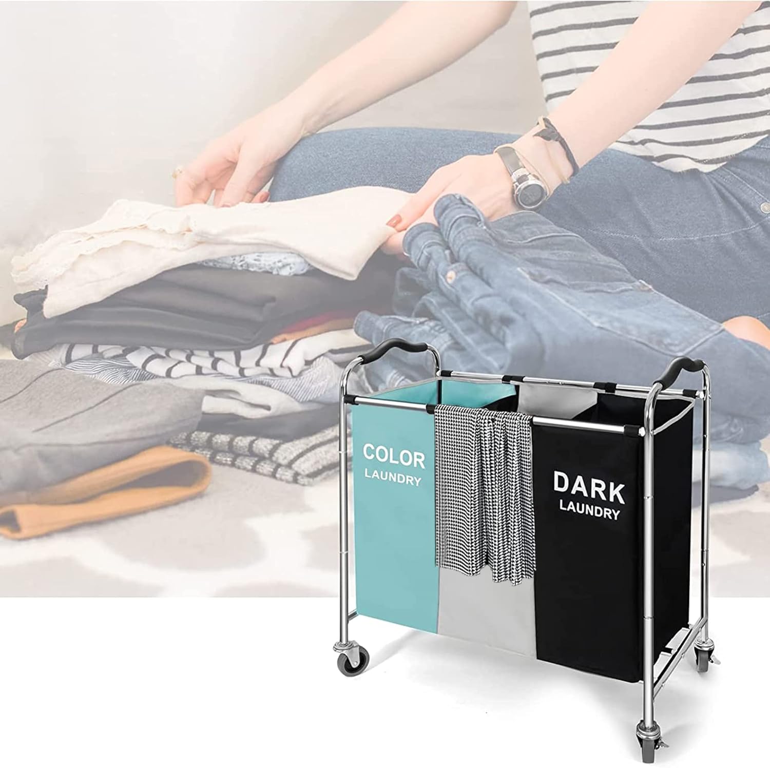 240L Laundry Sorter Hamper, Divided 3 Section Laundry Cart with Lockable Wheels, Large Capacity Bag Storage Organizer in Laundry Room Bathroom