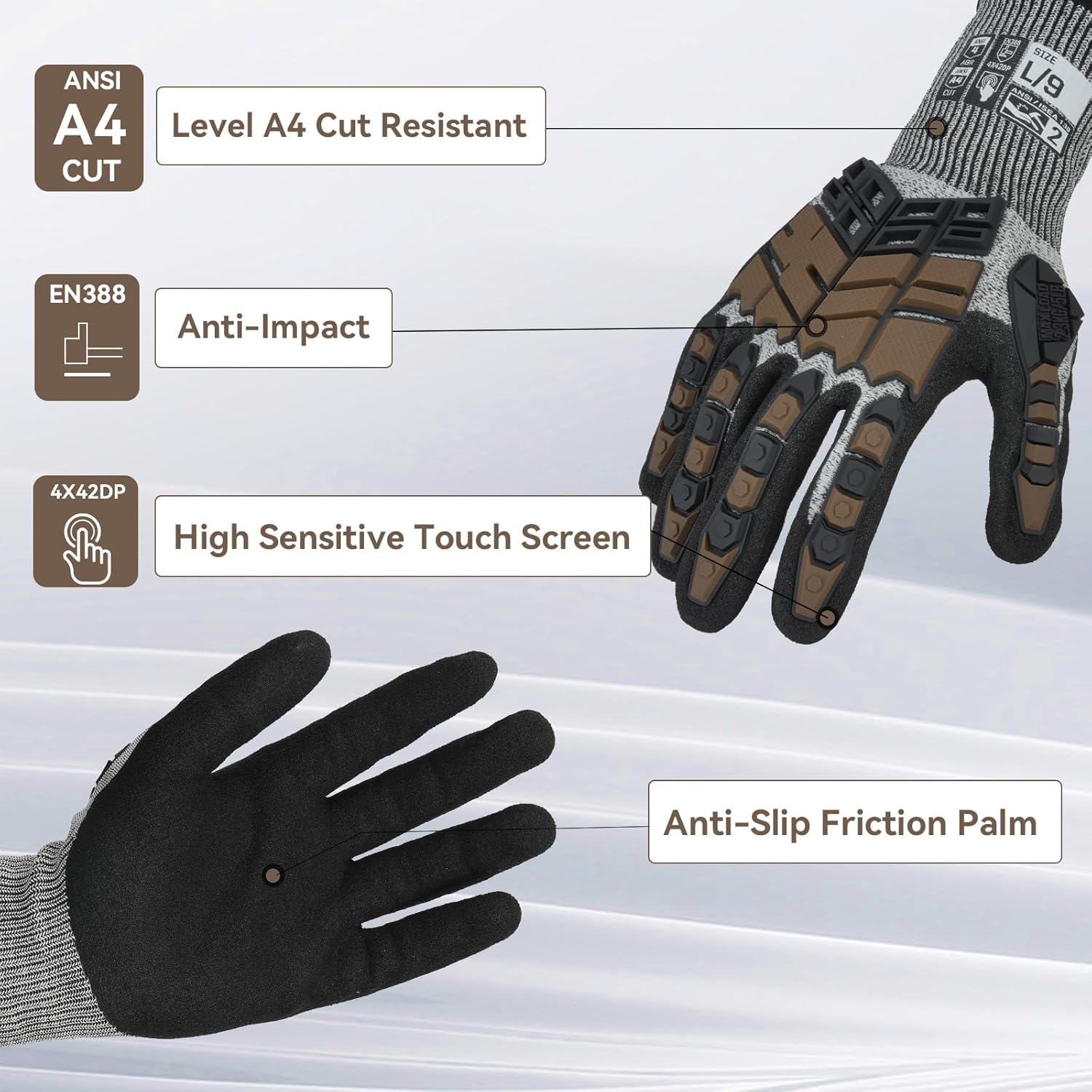 Graloky Guantes de trabajo de seguridad, guantes de impacto para hombres y mujeres, resistentes a los cortes, antideslizantes, resistentes con