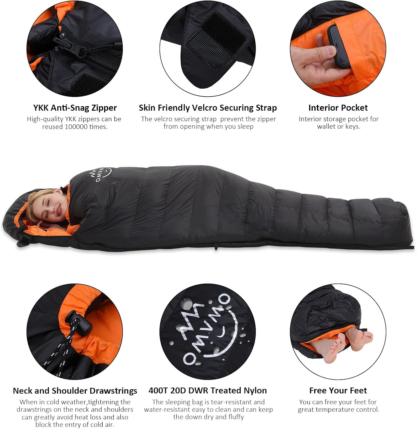 Saco de dormir de plumón de pato de 15F y 10F para adultos, potencia de relleno de 650, ultraligero para 4 estaciones, saco de dormir rectangular
