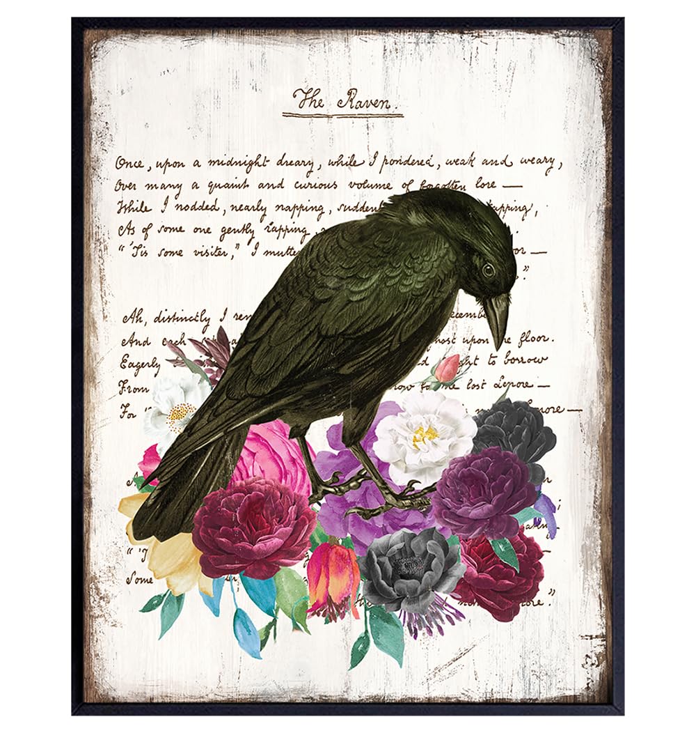 Edgar Allan Poe Gothic Wall Art 11×14 – The Raven Goth Room Decor for Women – Shabby chic Bedroom, Living Room Decor – Wicca, Witch, Occult, Crow,
