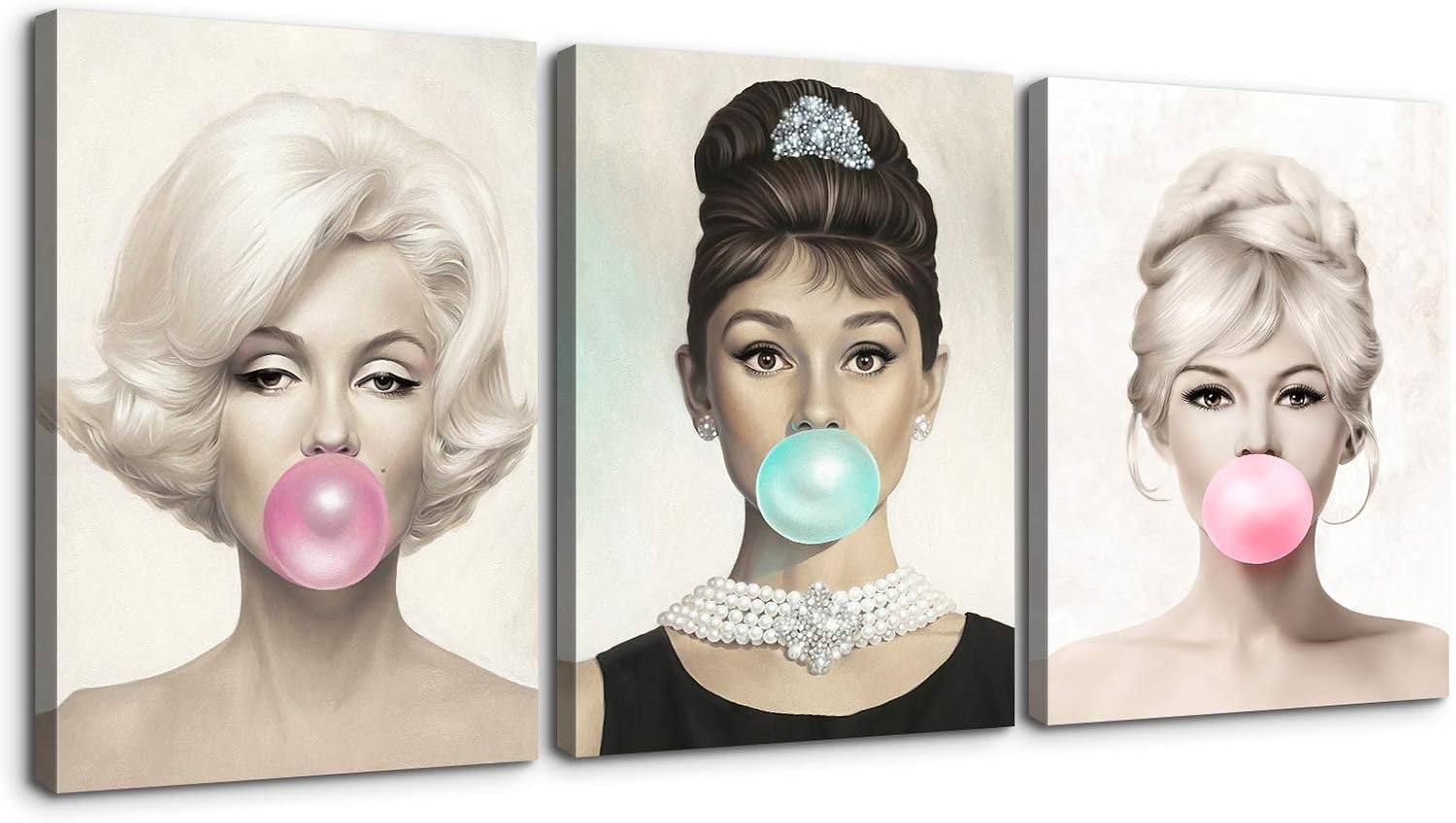 Denozer Arte de pared en lienzo con retrato de belleza de 3 paneles, Marilyn Monroe, Audrey Hepburn y Brigitte Bardot con coloridos chicles de