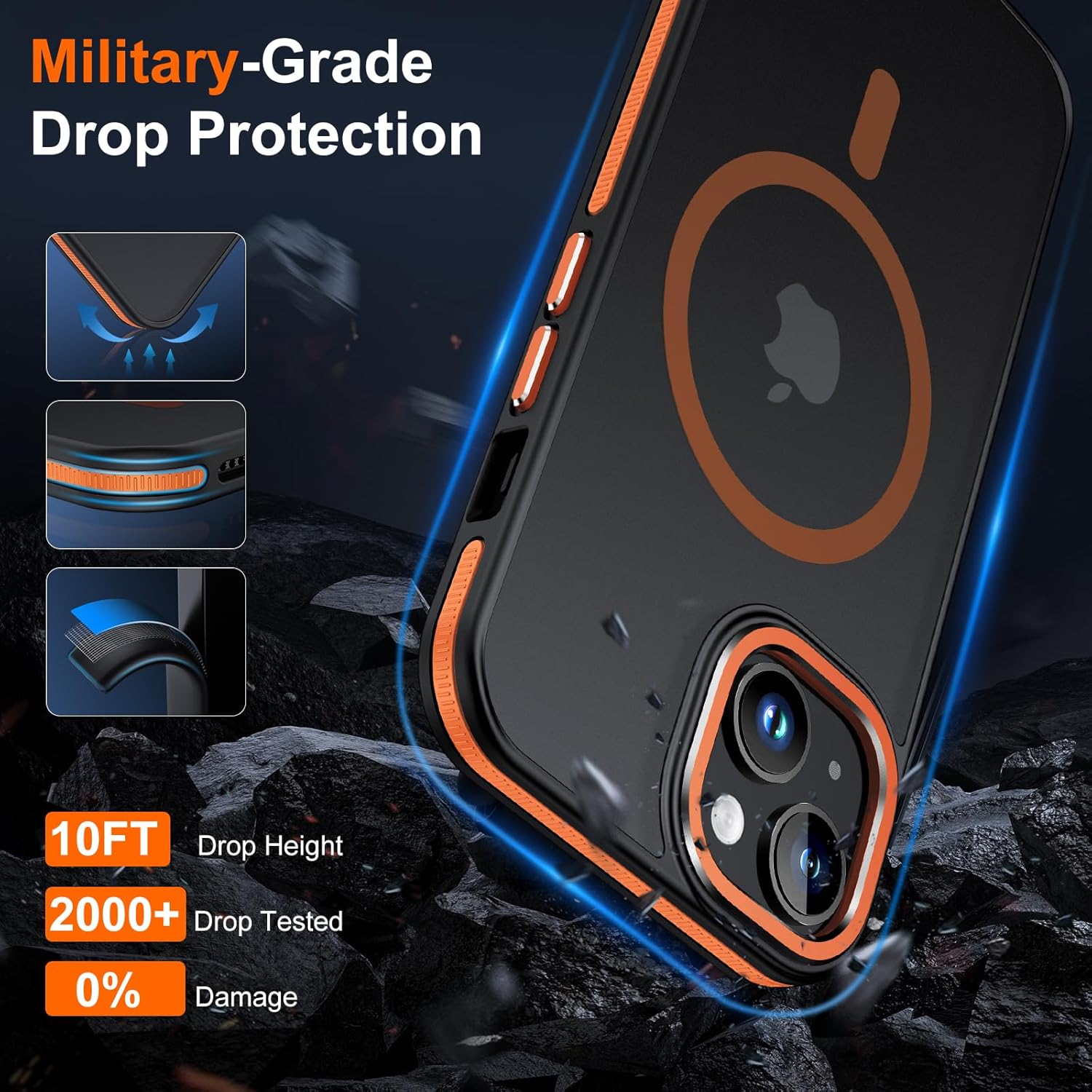 JAME Funda para iPhone 15, iPhone 15 con 2 protectores de pantalla de vidrio templado, compatible con Magsafe, protección de grado militar, funda