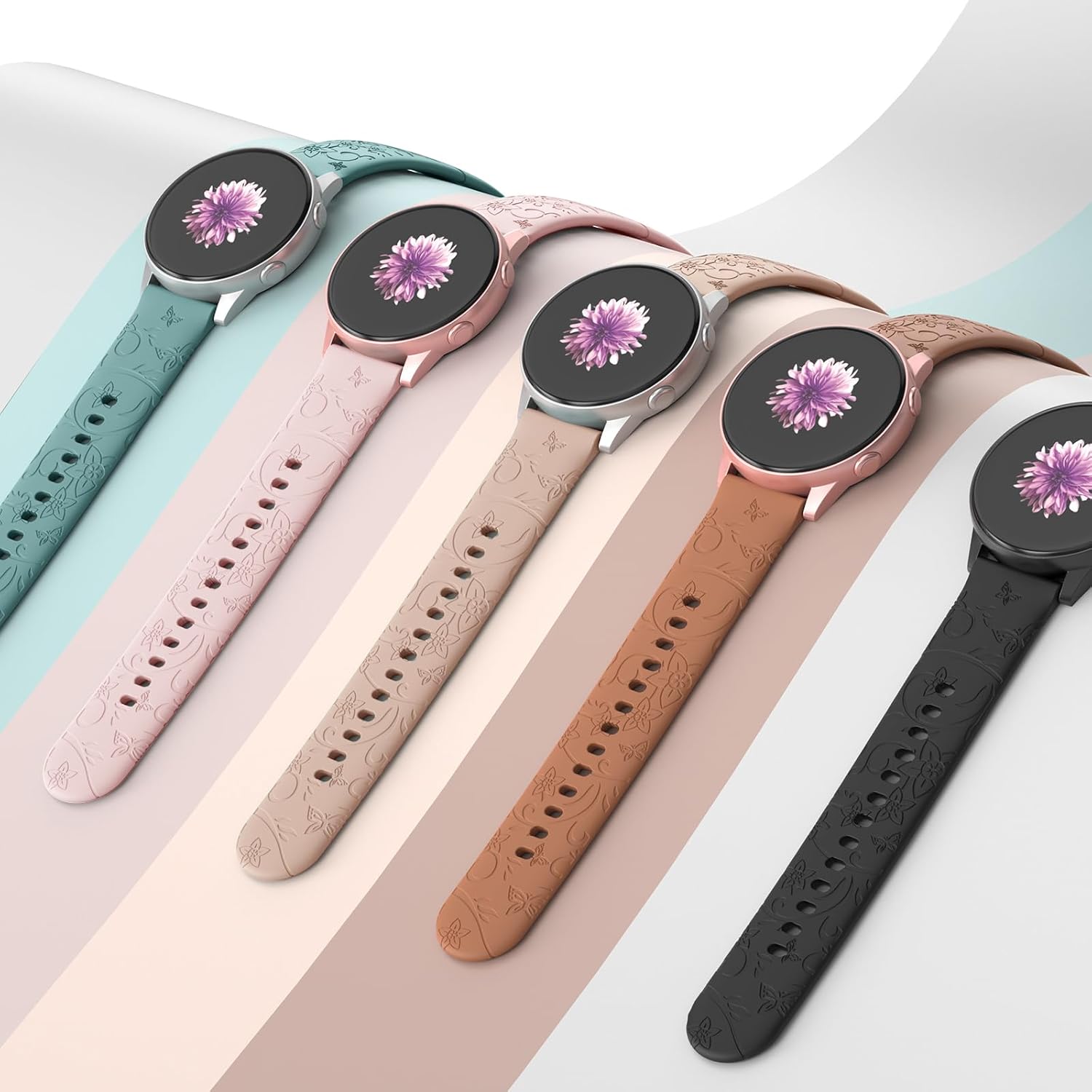 Correas con grabado floral compatibles con Samsung Galaxy Watch 65Watch 4 de 1.575 in y 1.732 in para mujer, Samsung Galaxy Watch 5 Pro de 1.772