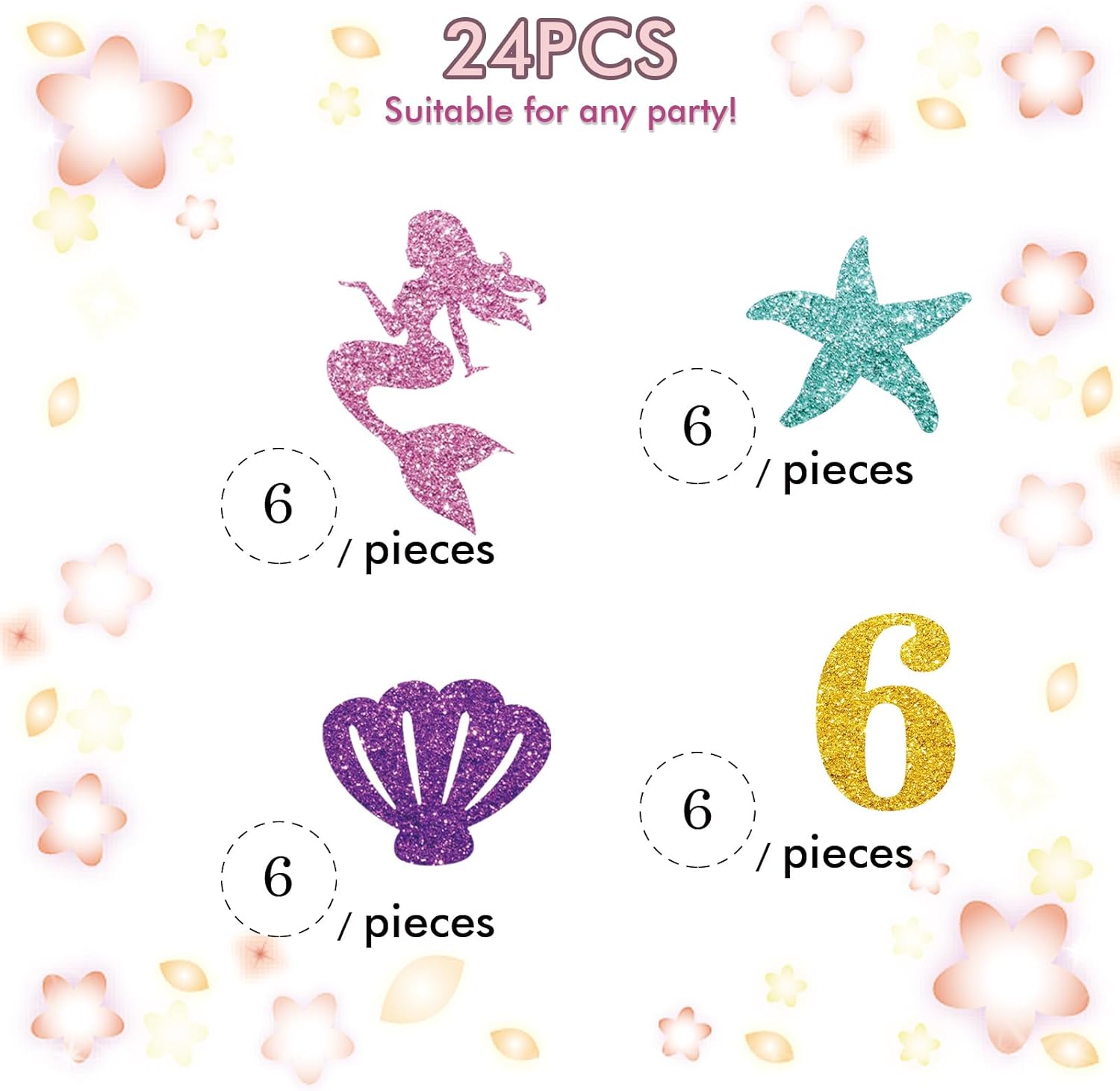 24 decoraciones de sirena para cupcakes de 6 cumpleaños, decoración de 6 magdalenas de sirena con purpurina rosa y dorada, decoración de pastel de