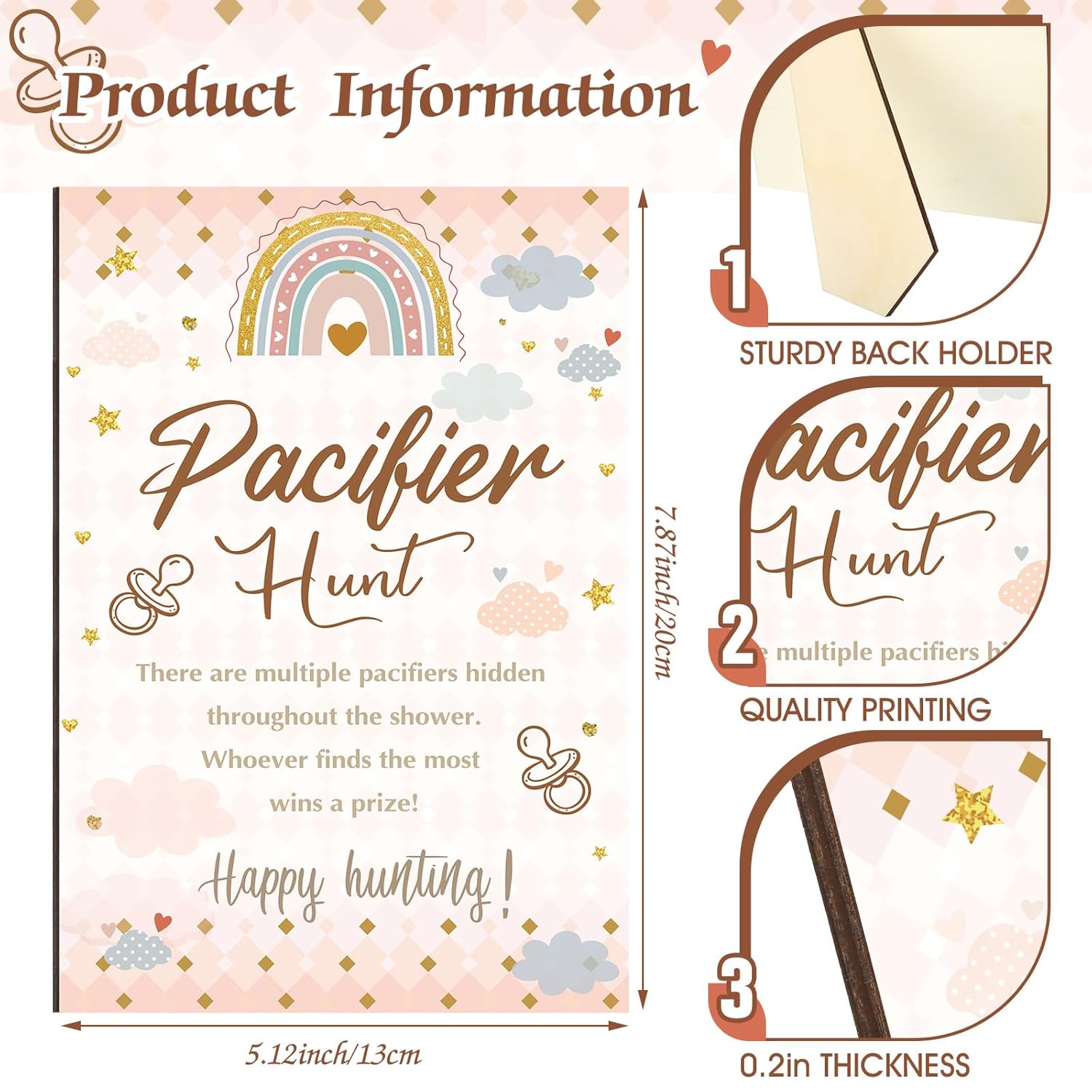 51 juegos geniales para baby shower, incluyen letrero de caza de chupete bohemio y 50 chupetes acrílicos para bebé, mini chupetes para temática
