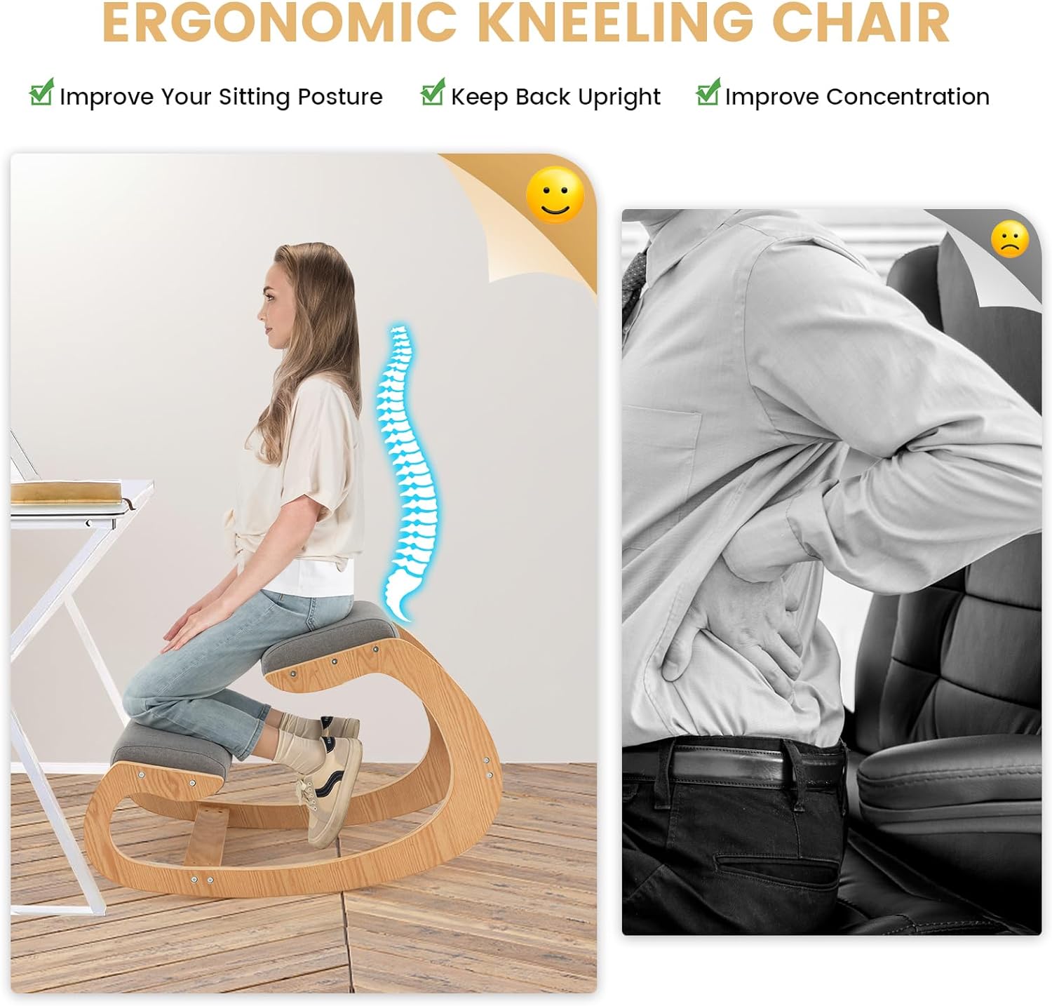 Giantex Silla ergonómica arrodillada, silla de postura para escritorio con cojín, marco de madera maciza, carga máxima de 330 libras, cómoda silla