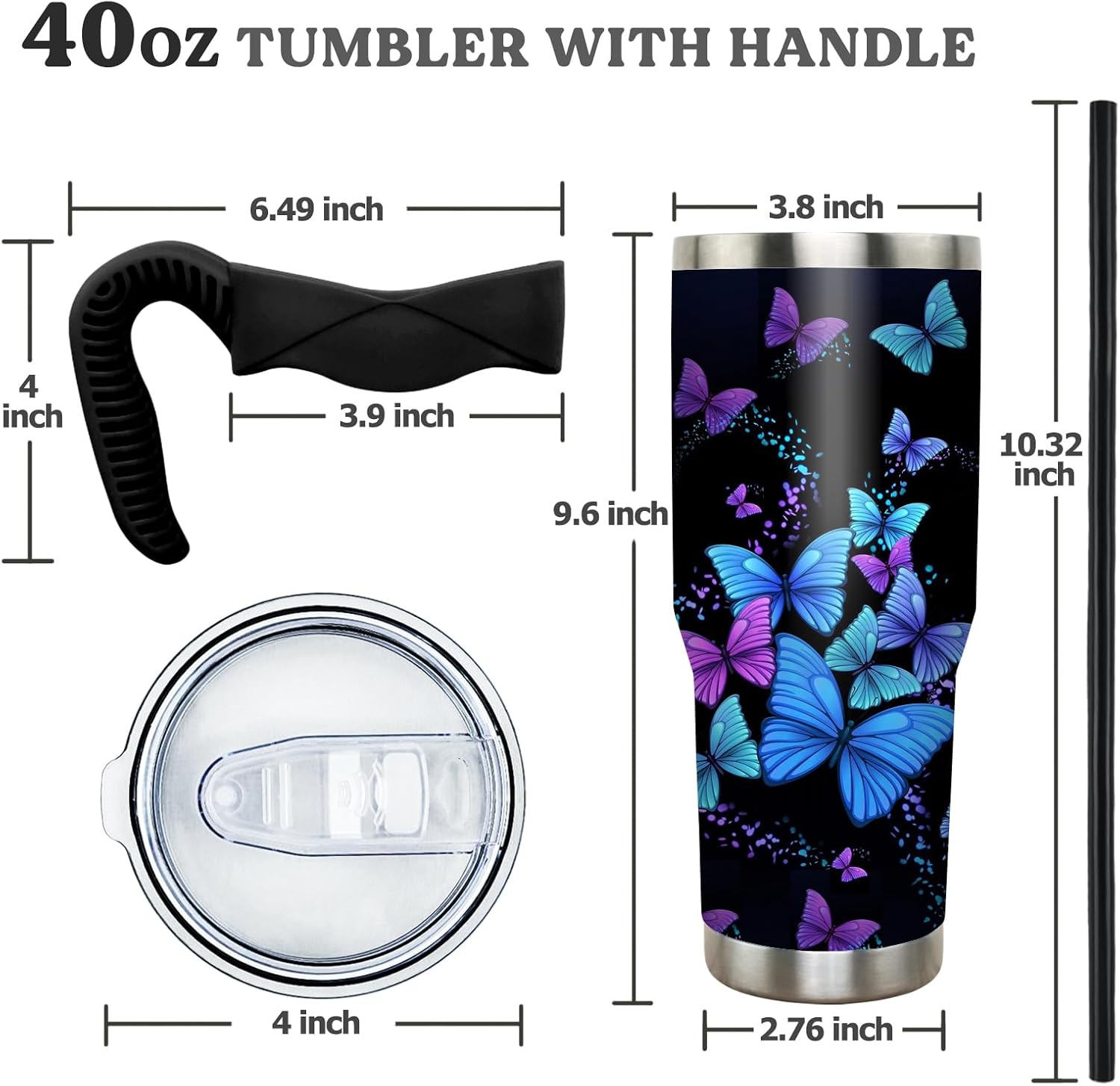 Vaso de 40 onzas con asa y popote de 40 onzas, taza de mariposa azul y morada, taza de viaje aislada para café a prueba de derrames, a prueba de
