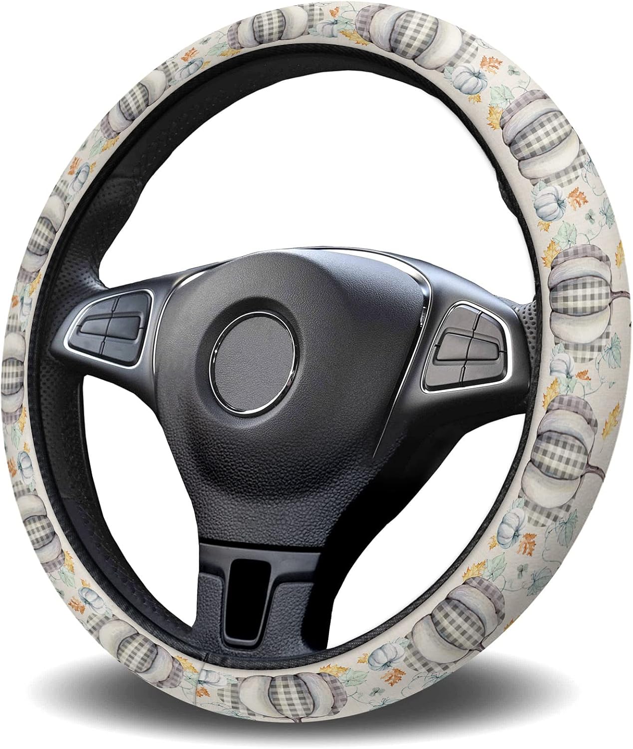 Funda para volante de automóvil, diseño de calabaza a cuadros de cosecha de Acción de Gracias, para otoño, elástica, de esponja, para autos,