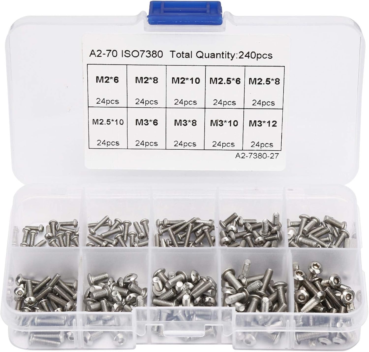 Juego de 240 tornillos hexagonales M2x6 M2x8 M2x10 M3x6 M3x8 M3x10 M3x12 M2.5×6 M2.5×8 M2.5×10 Juego de tuercas hexagonales de acero inoxidable con