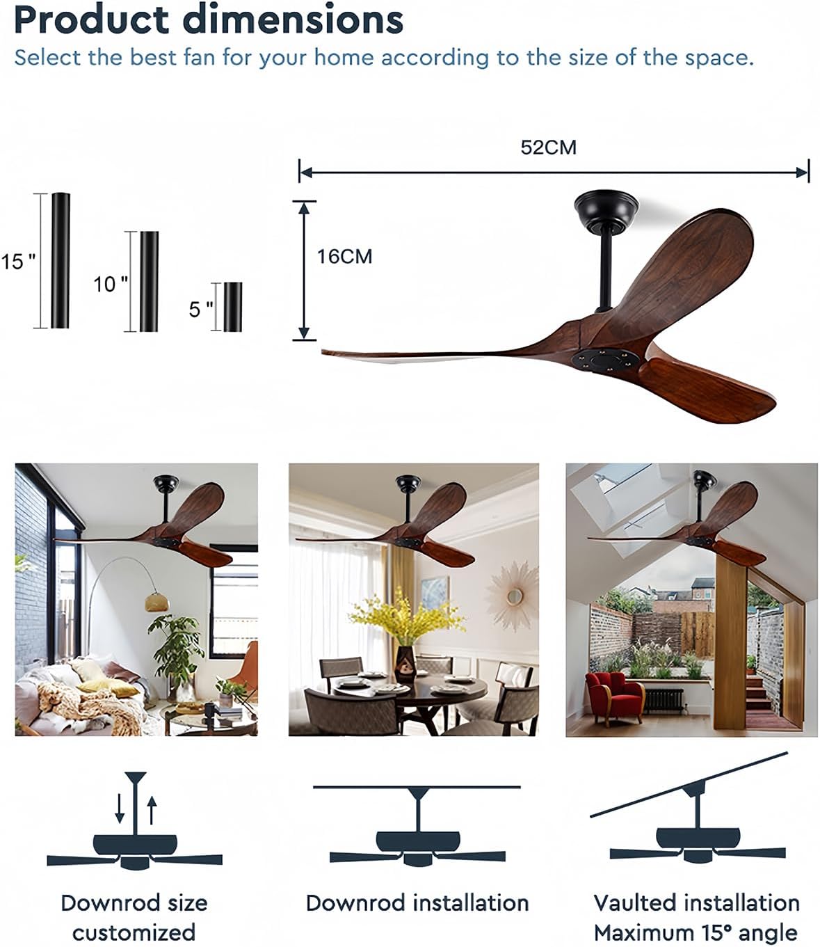 YKXONFA Ventiladores de techo de madera maciza sin luz, ventilador de techo moderno de nogal de 52 pulgadas para interiores y exteriores, con 6