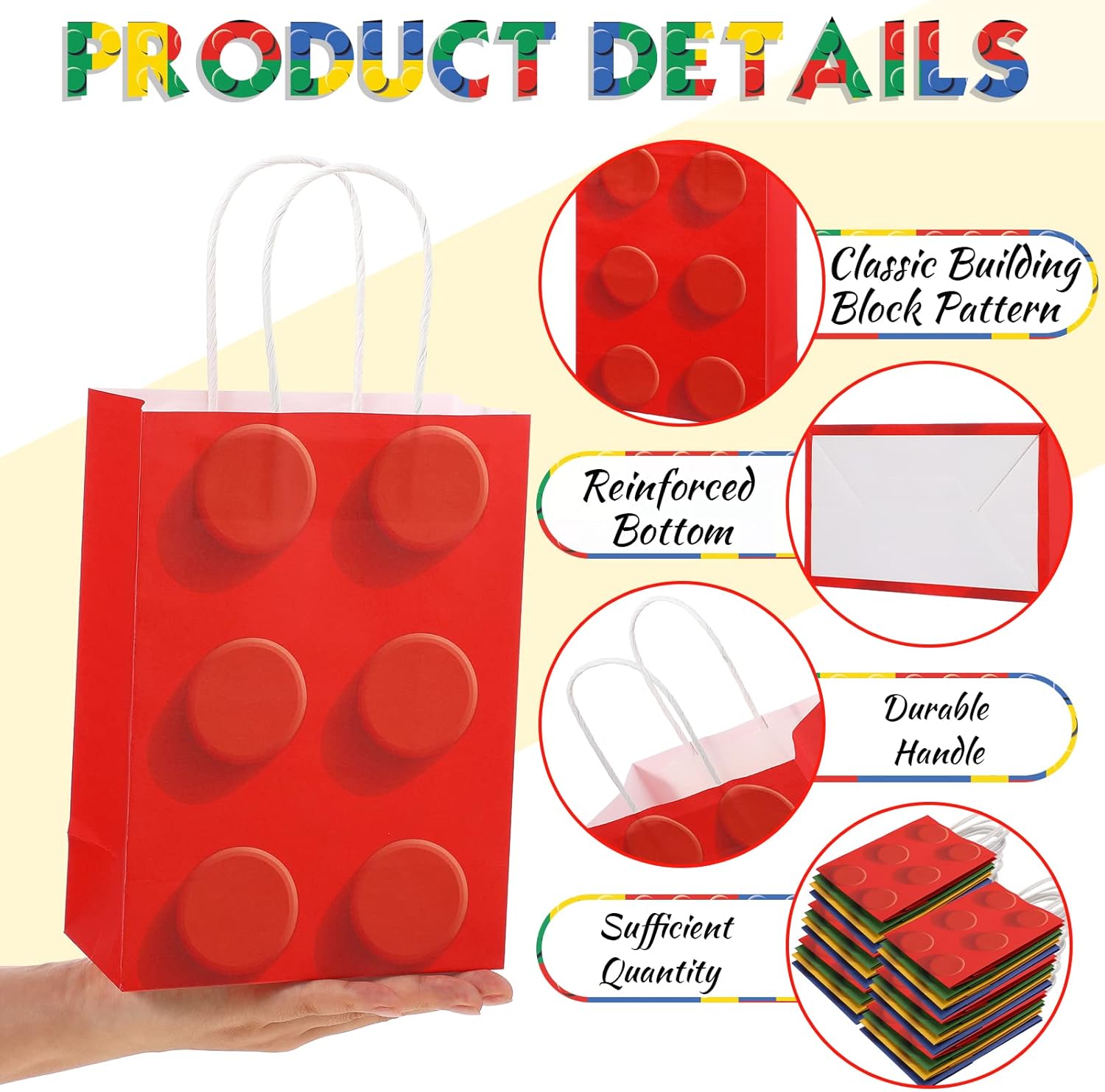 Bolsas de regalo de fiesta de bloques de construcción, bolsas de papel de dulces de ladrillos, bolsas de regalo con asa para bloques de