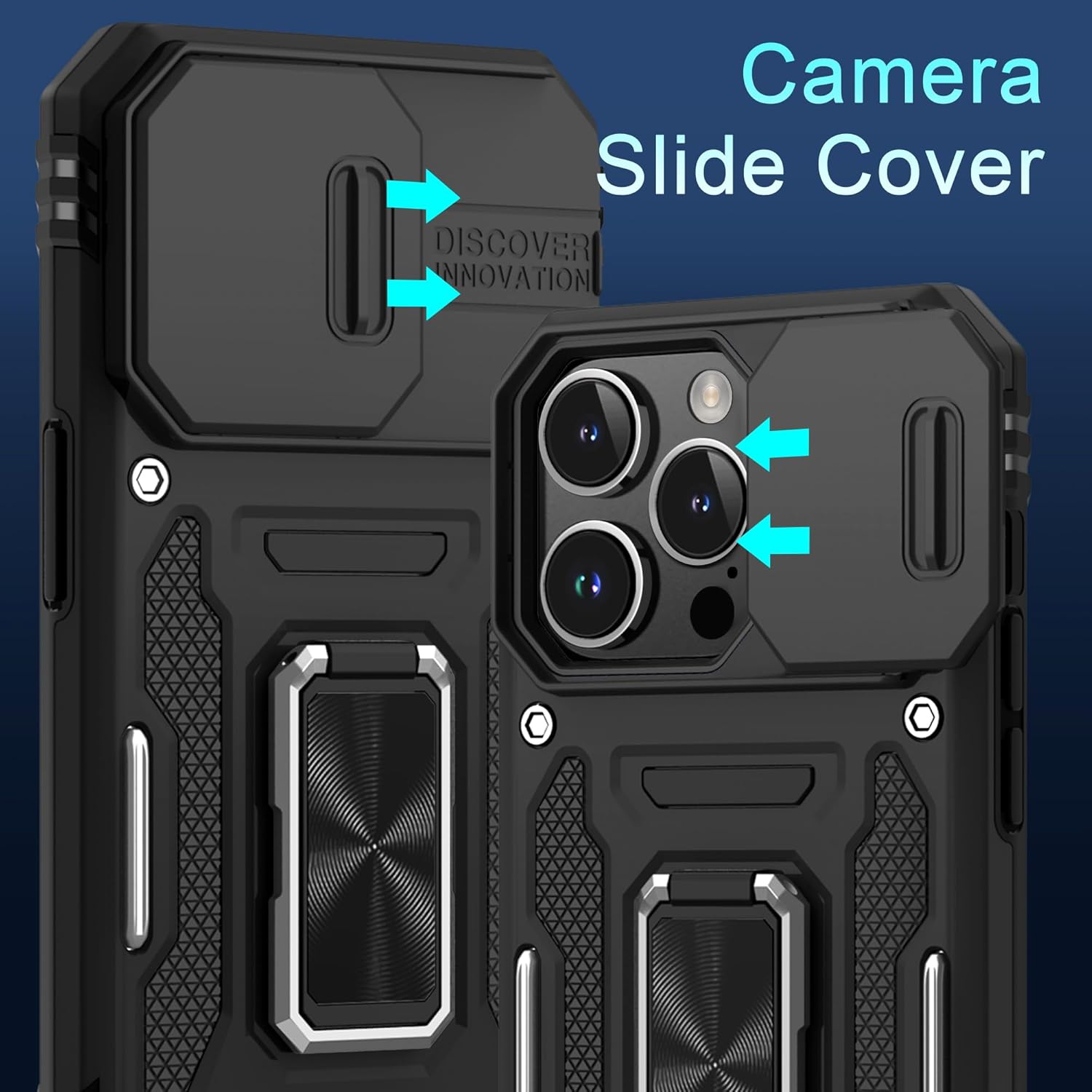 DEERLAMN Funda para iPhone 13 Pro con cubierta deslizante para cámara + protector de pantalla (1 unidad), soporte de anillo giratorio de grado