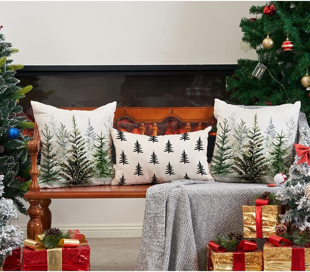 DFXSZ Juego de 2 fundas de almohada de Navidad de 18 x 18 pulgadas, diseño de acuarela azul y verde, árbol de Navidad, estilo rústico, estampado de