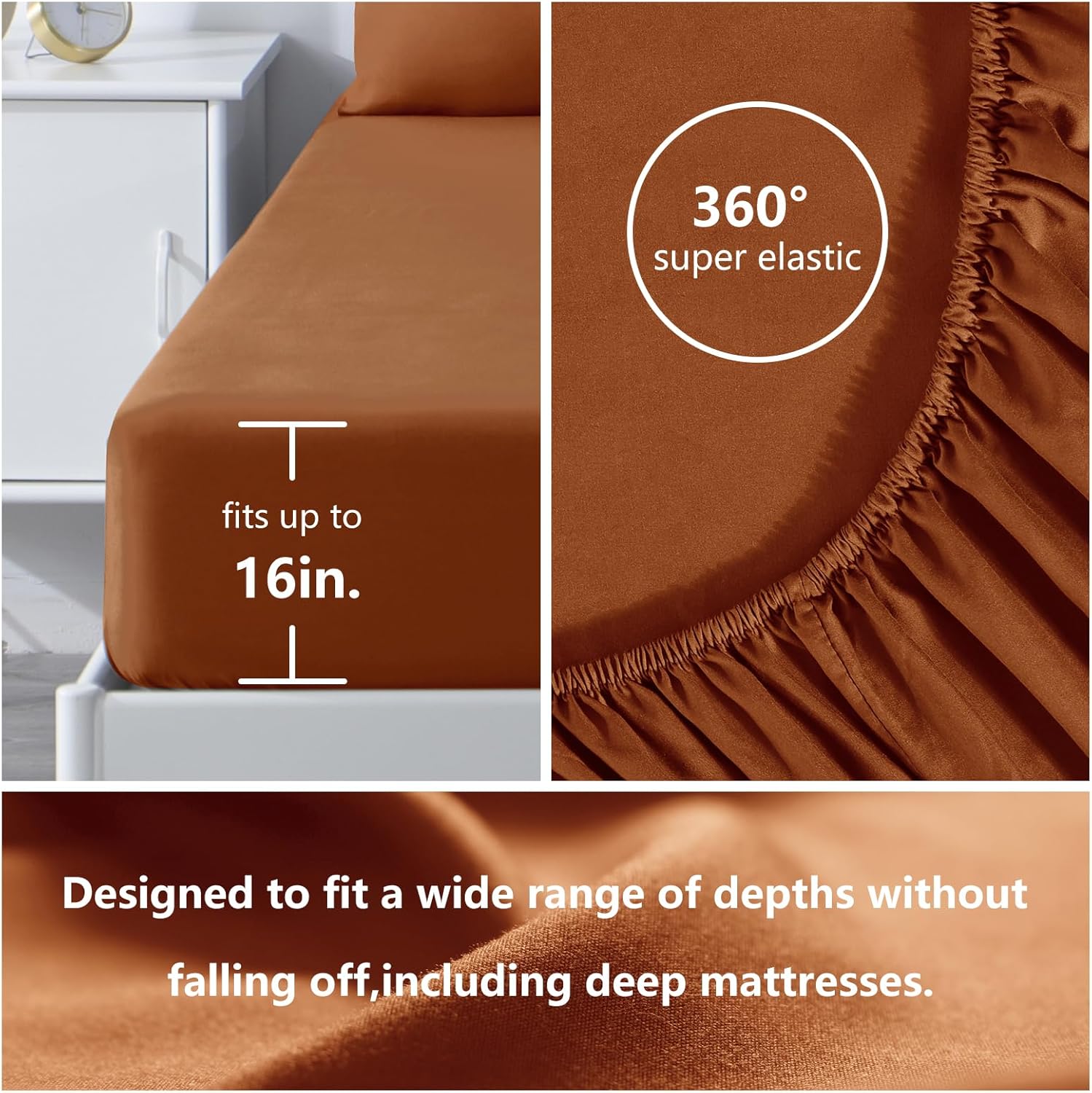 CozyLux Hotel Luxury – Juego de sábanas de tamaño Queen, serie 1800, sábanas bordadas de microfibra naranja quemada, doble cepillado, bolsillo