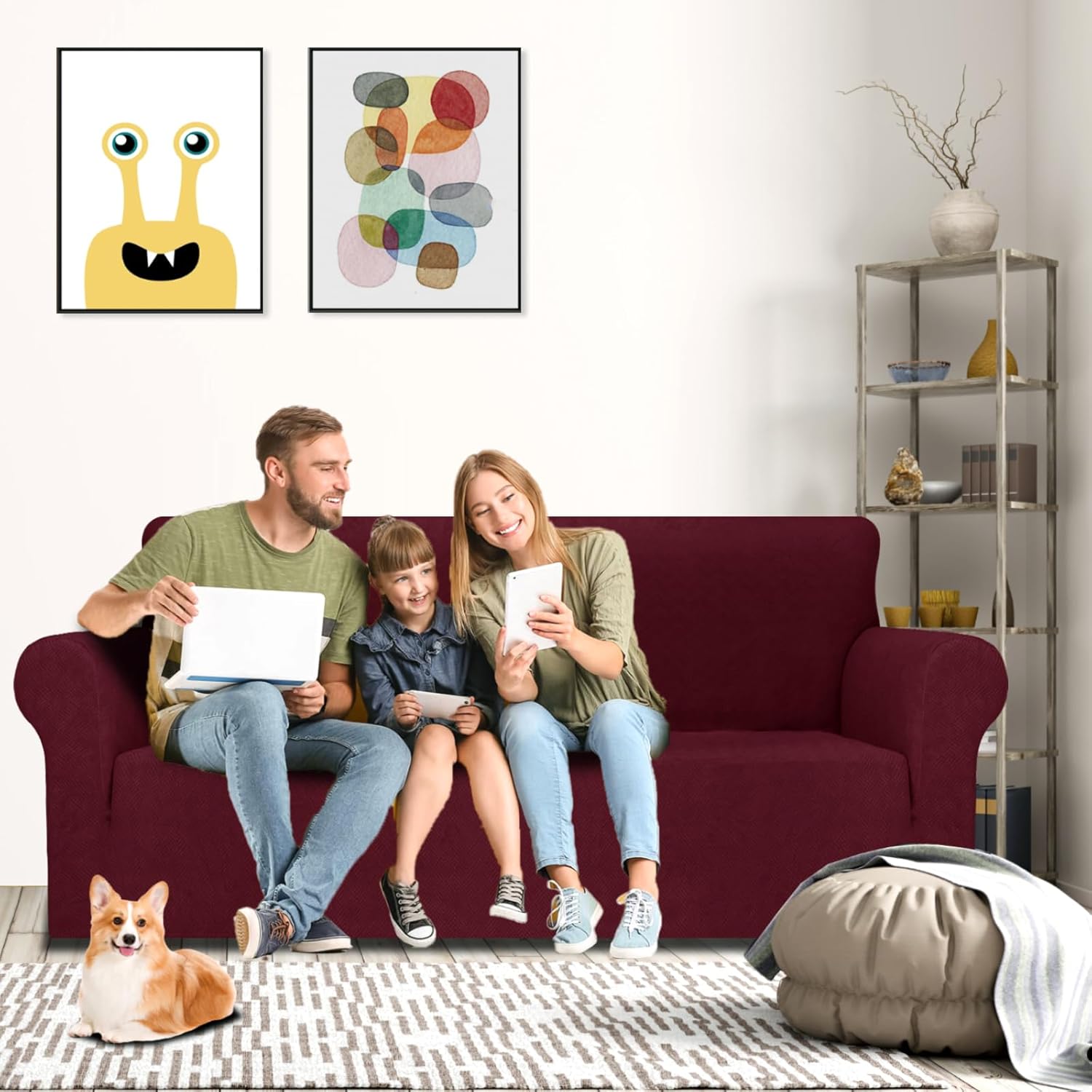 MAXIJIN Fundas de sofá para sofá de 3 cojines, funda elástica de 1 pieza, protector de muebles con parte inferior elástica para niños y perros