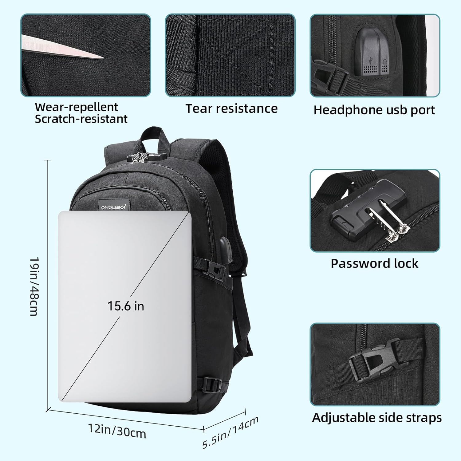 OMOUBOI Mochila para laptop, mochila de viaje de negocios, B+negro