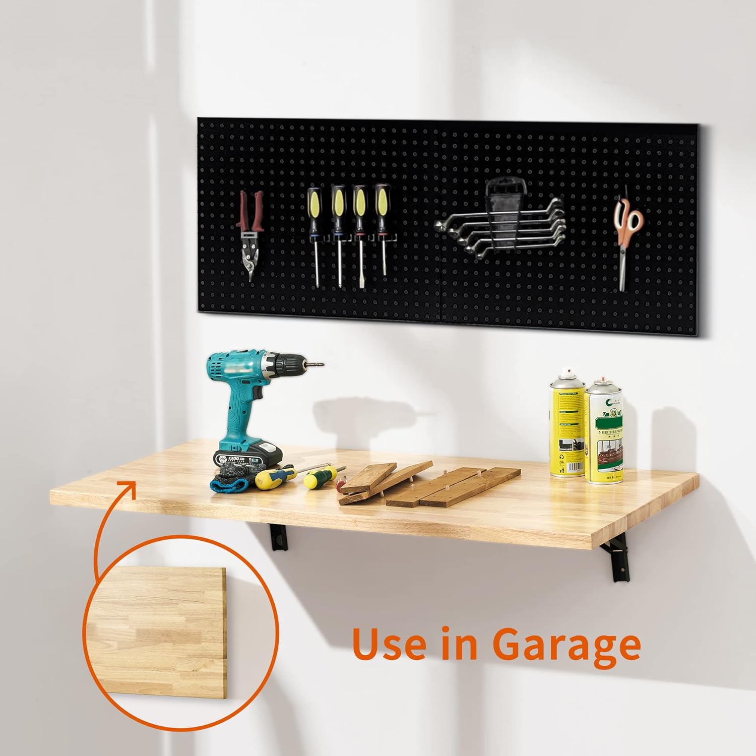 MCombo Banco de trabajo montado en la pared con mesa de madera maciza para garaje, lavandería, mesa de trabajo plegable para el hogar, oficina,