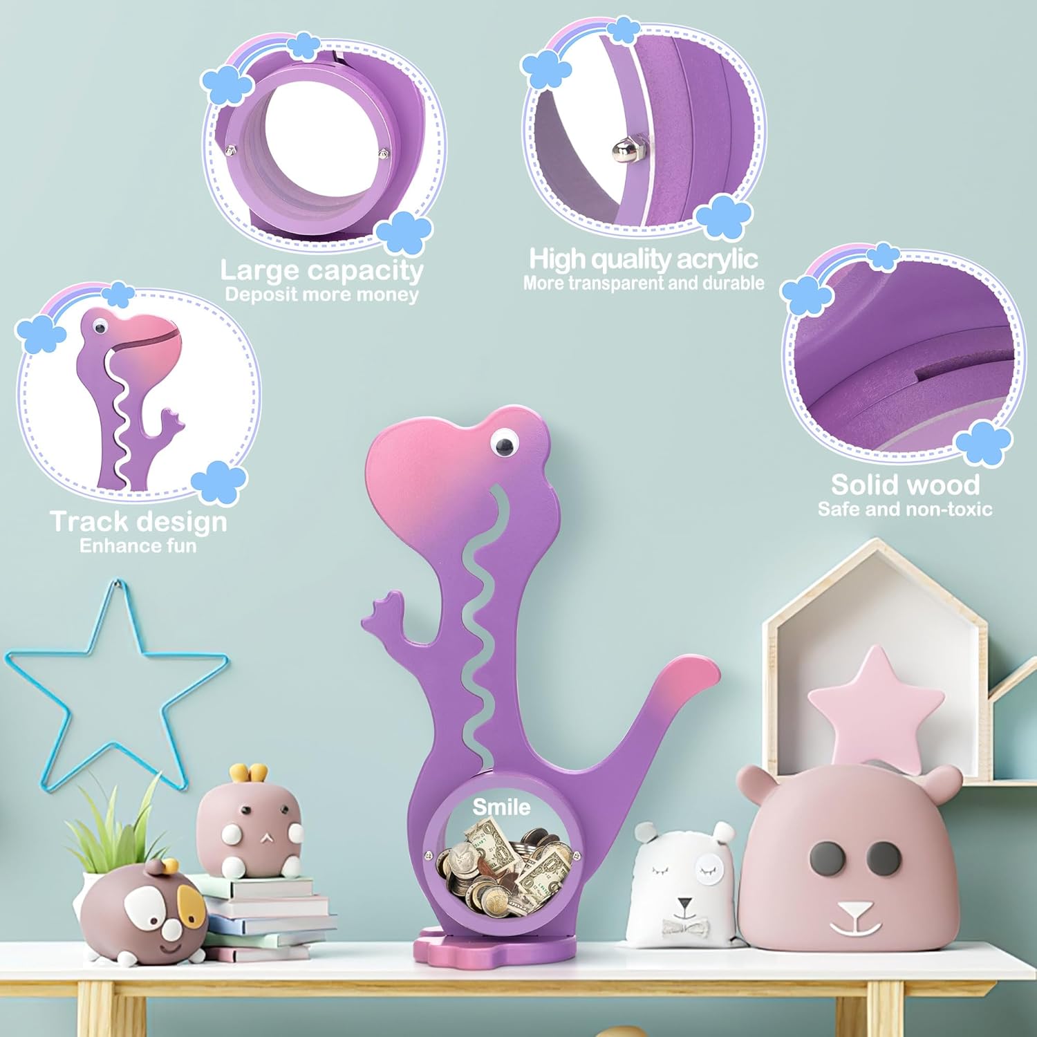 Hucha de dinosaurio de madera Boalord para niños y niñas, banco de monedas de animales de vientre grande transparente para niños pequeños, juguete