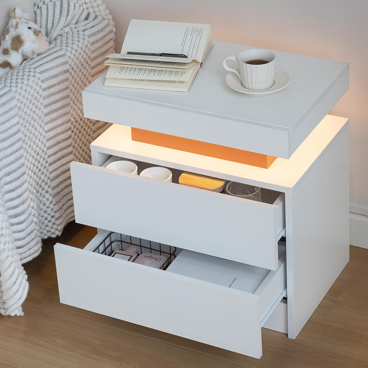 DobleCliCli Juego de 2 mesas auxiliares LED, moderna mesita de noche con 3 luces LED y 2 cajones, muebles LED para dormitorio, sala de estar y sala