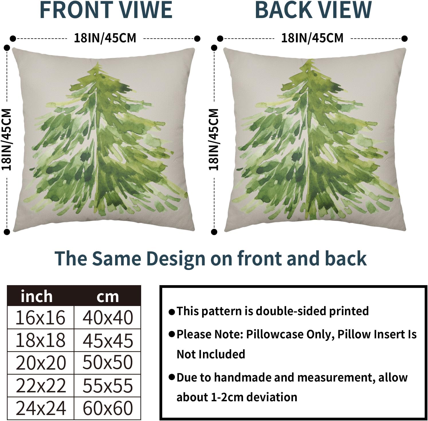 Juego de 2 fundas de almohada de árbol de Navidad en acuarela de 18 x 18 pulgadas, diseño rústico de pino verde con estampado de pinos para