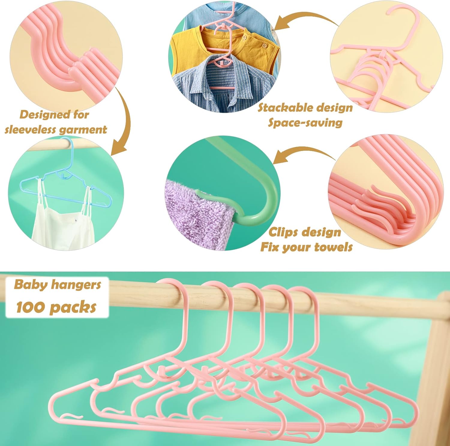 Paquete de 80 perchas de plástico para bebé, perchas para ropa infantil con clips para guardería, perchas que ahorran espacio para organizador de