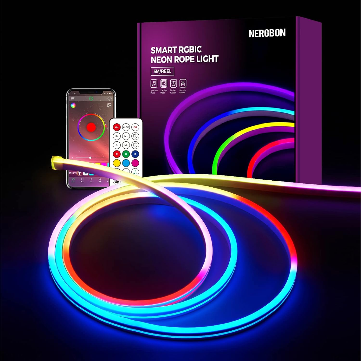 RGB-IC – Cuerda de luz LED, cuerda de luz de neón dinámica con control remoto, sincronización con música, autoadhesiva, suave y flexible, neón