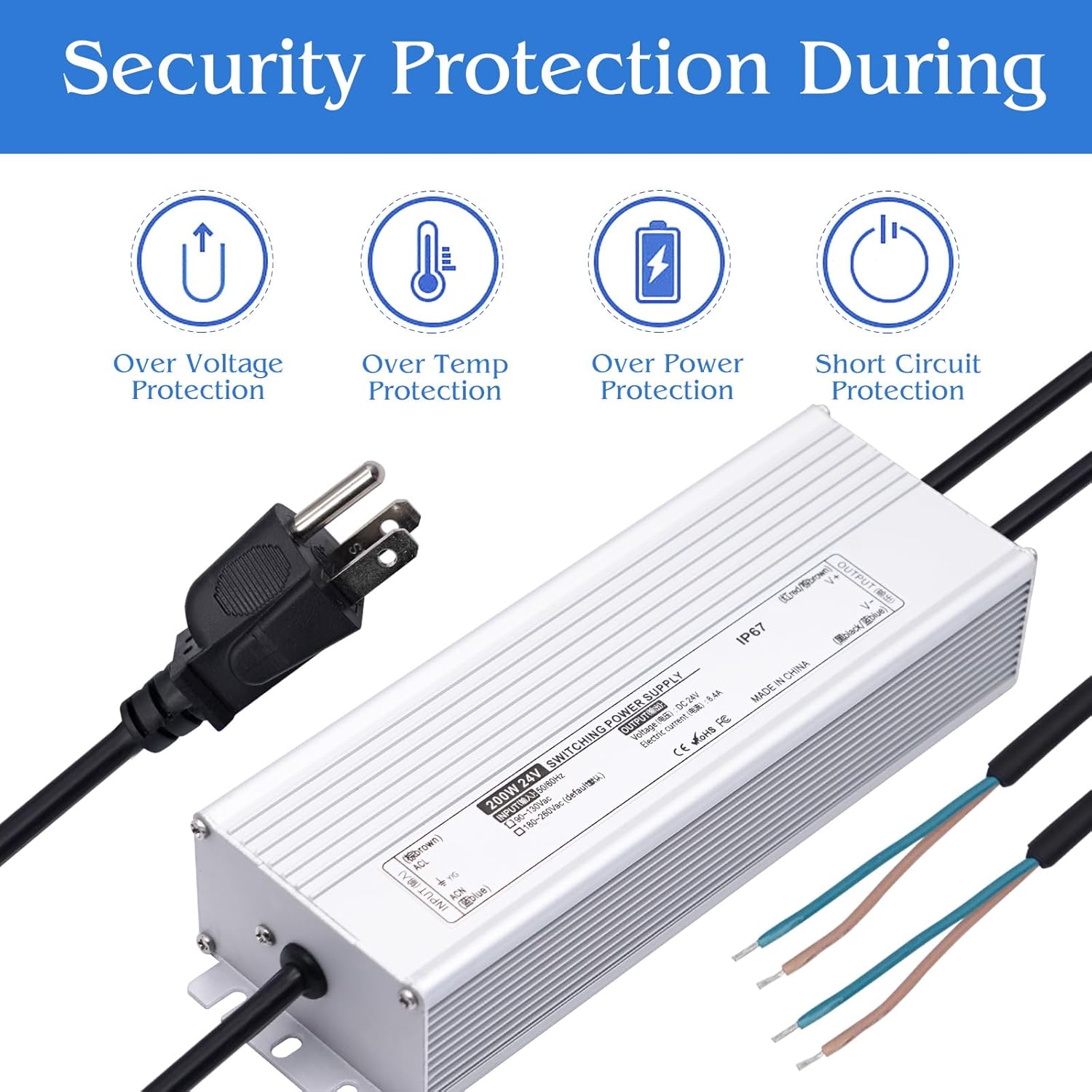 Fuente de alimentación del controlador LED 24V 150W IP67 impermeable AC 90-130V 6.25A a DC 24V Adaptador de transformadores de bajo voltaje para
