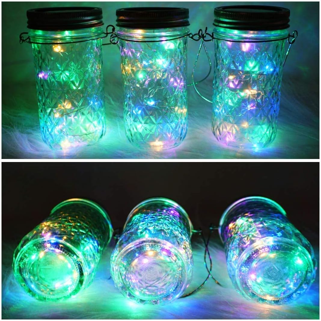 Paquete de 10 luces solares para tarros de masón, 20 luces LED con forma de hada y estrella, con 10 colgadores, resistente al agua y al óxido, para