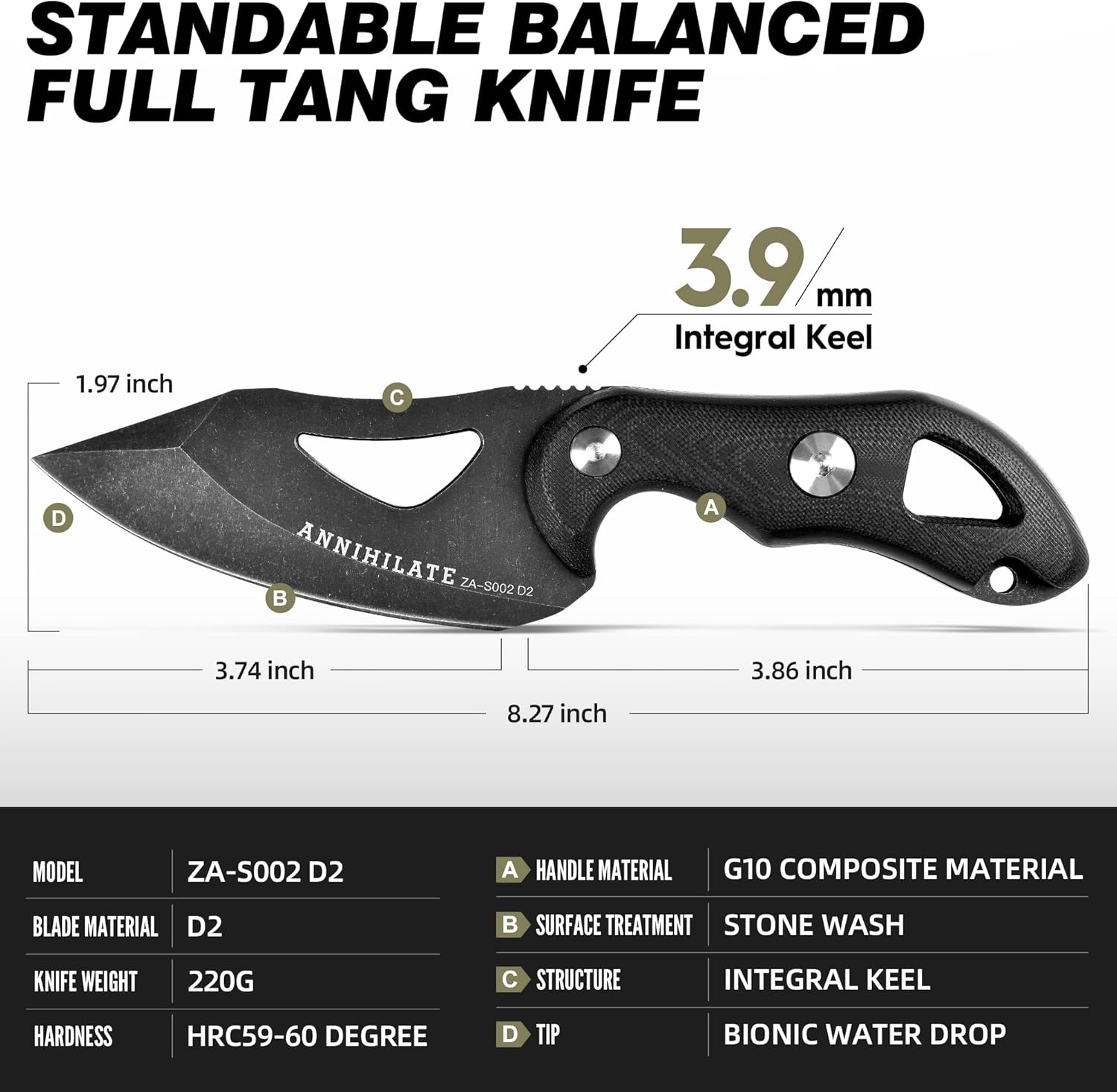 ZUNE LOTOO Cuchillo táctico de hoja fija para hombres de grado militar, 8.27 pulgadas, cuchillo de caza táctico de supervivencia recto de acero D2