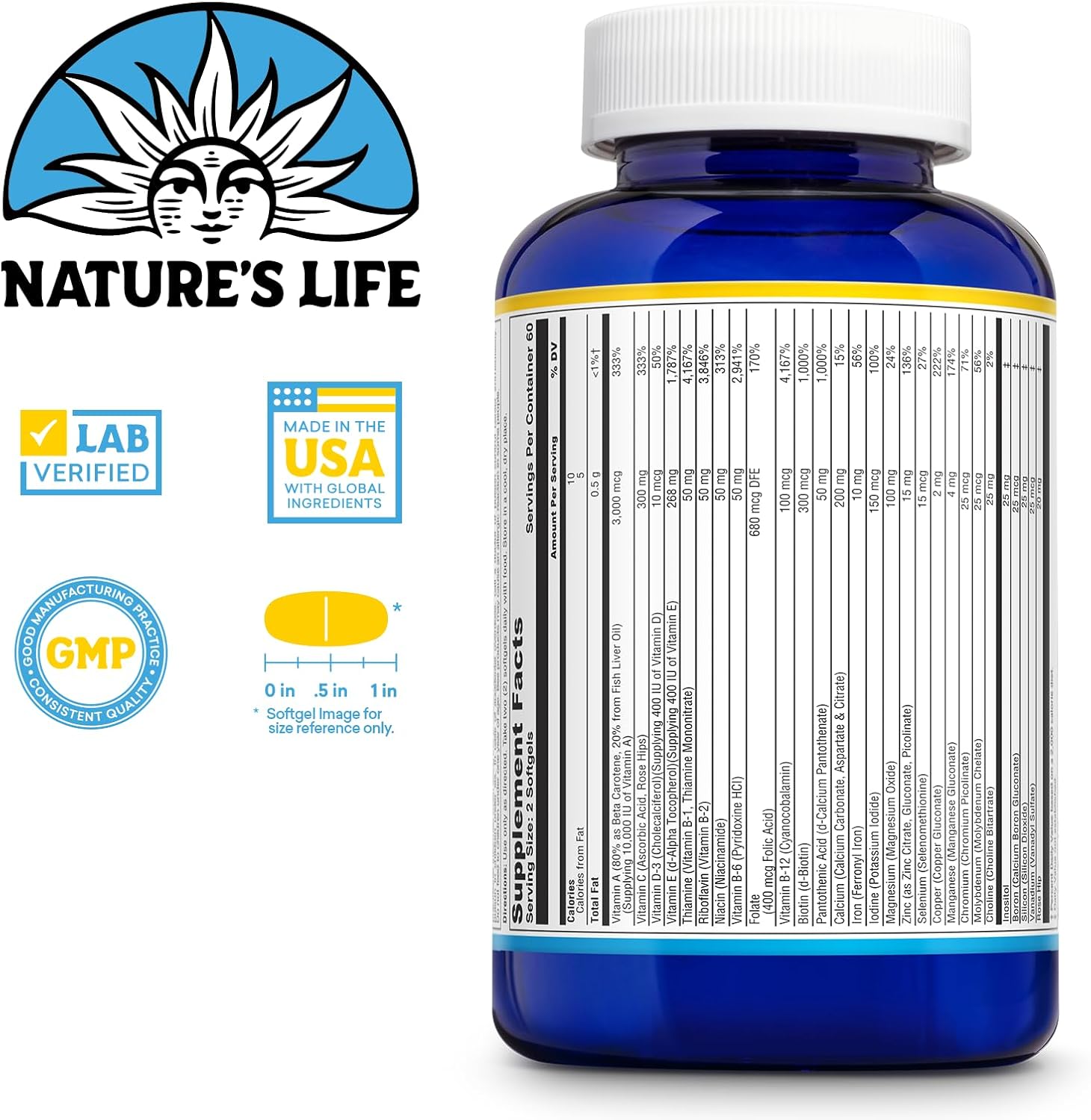 Nature’s Life Multivitamínico diario para hombres y mujeres, multivitamínico completo con hierro, valor diario de la mayoría de las vitaminas y