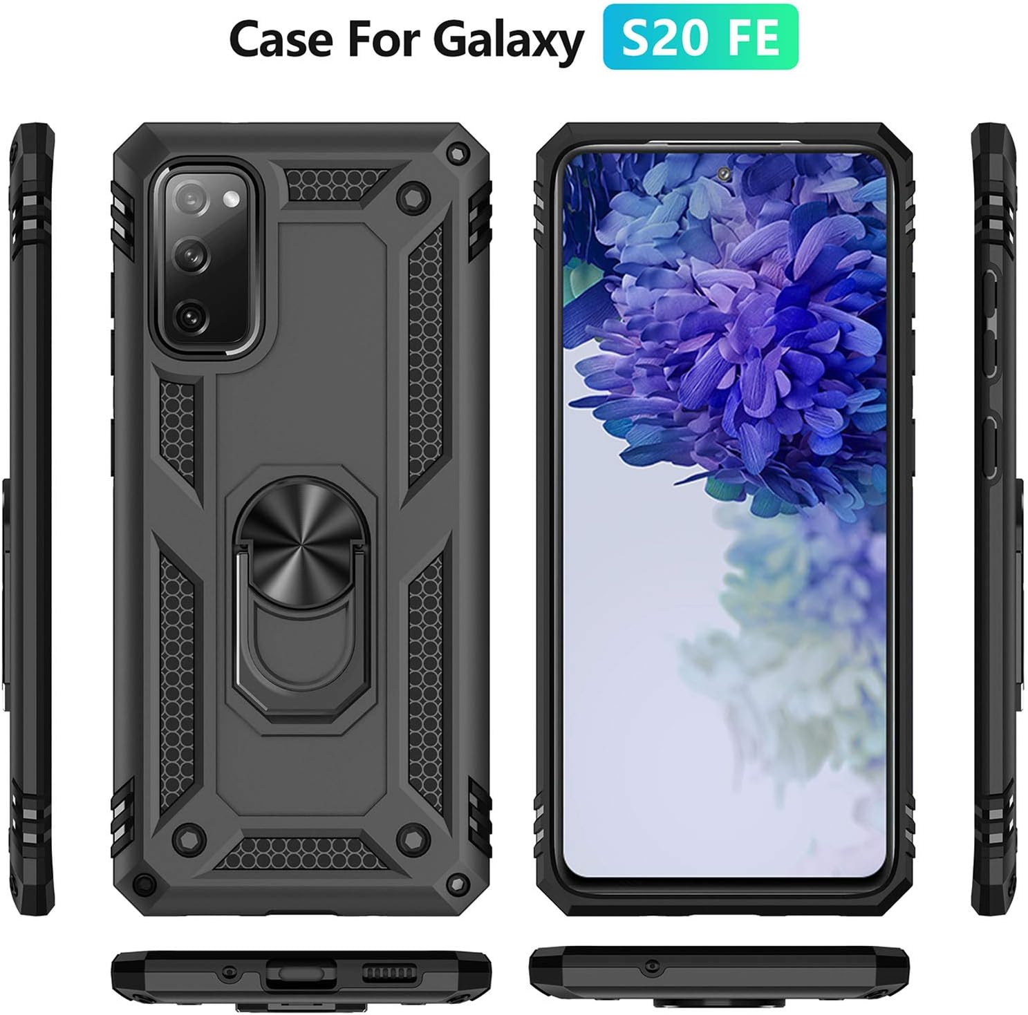 Fetrim Funda para Galaxy S20 FE, funda protectora a prueba de golpes con anillo de rotación Kickstand para Samsung Galaxy S20 FES20 FE 5G Negro