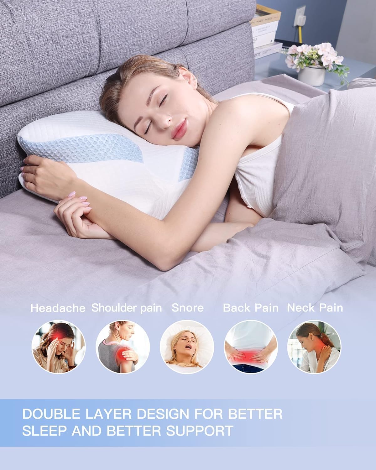 Uamector Almohada cervical de espuma viscoelástica, almohadas de contorno para dolor de cuello y hombros, almohadas ortopédicas ergonómicas de apoyo