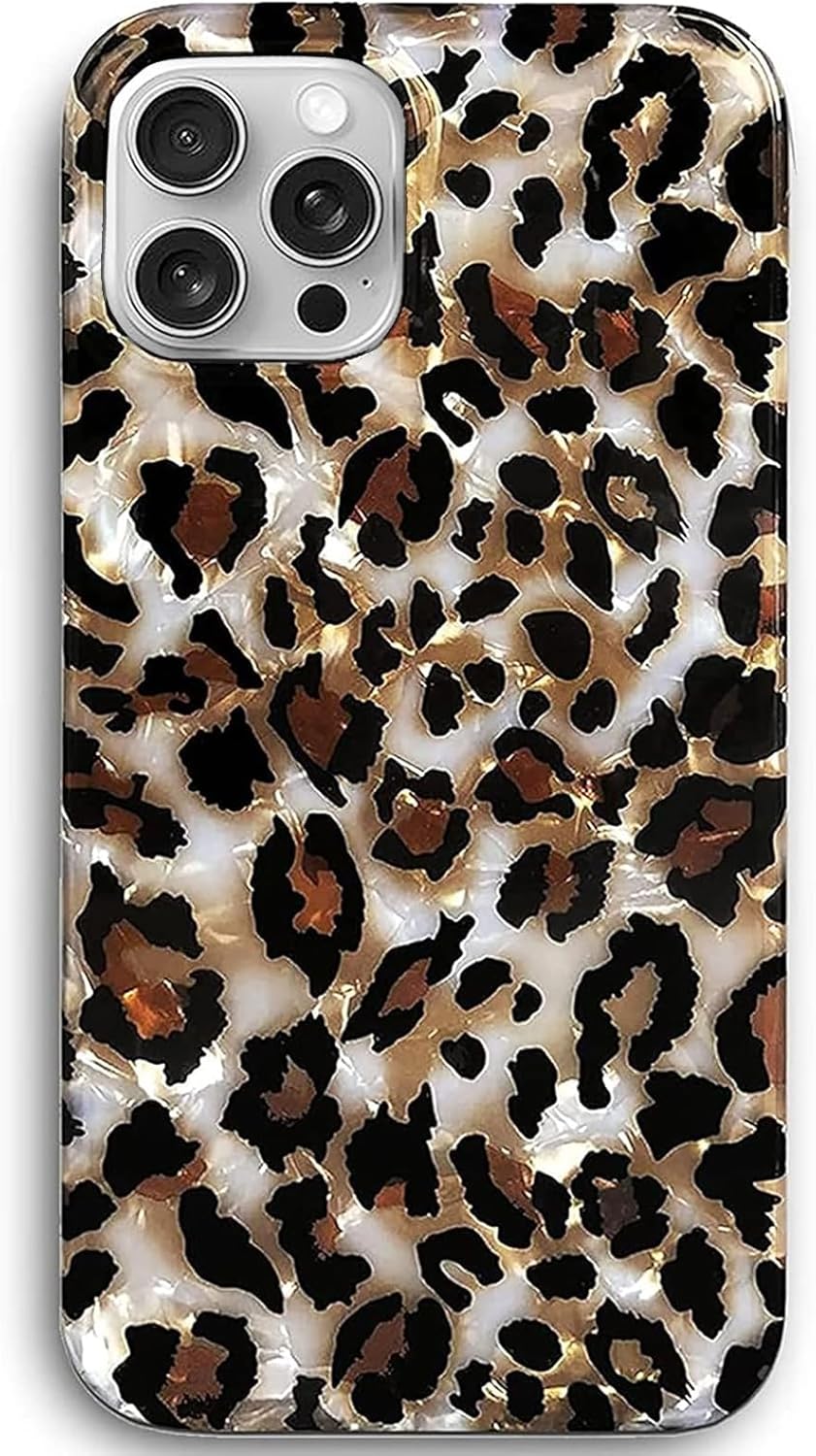 J.west Funda compatible con iPhone 15 Pro Max 6.7, lujosa funda translúcida translúcida con estampado de leopardo y guepardo, diseño nacarado,