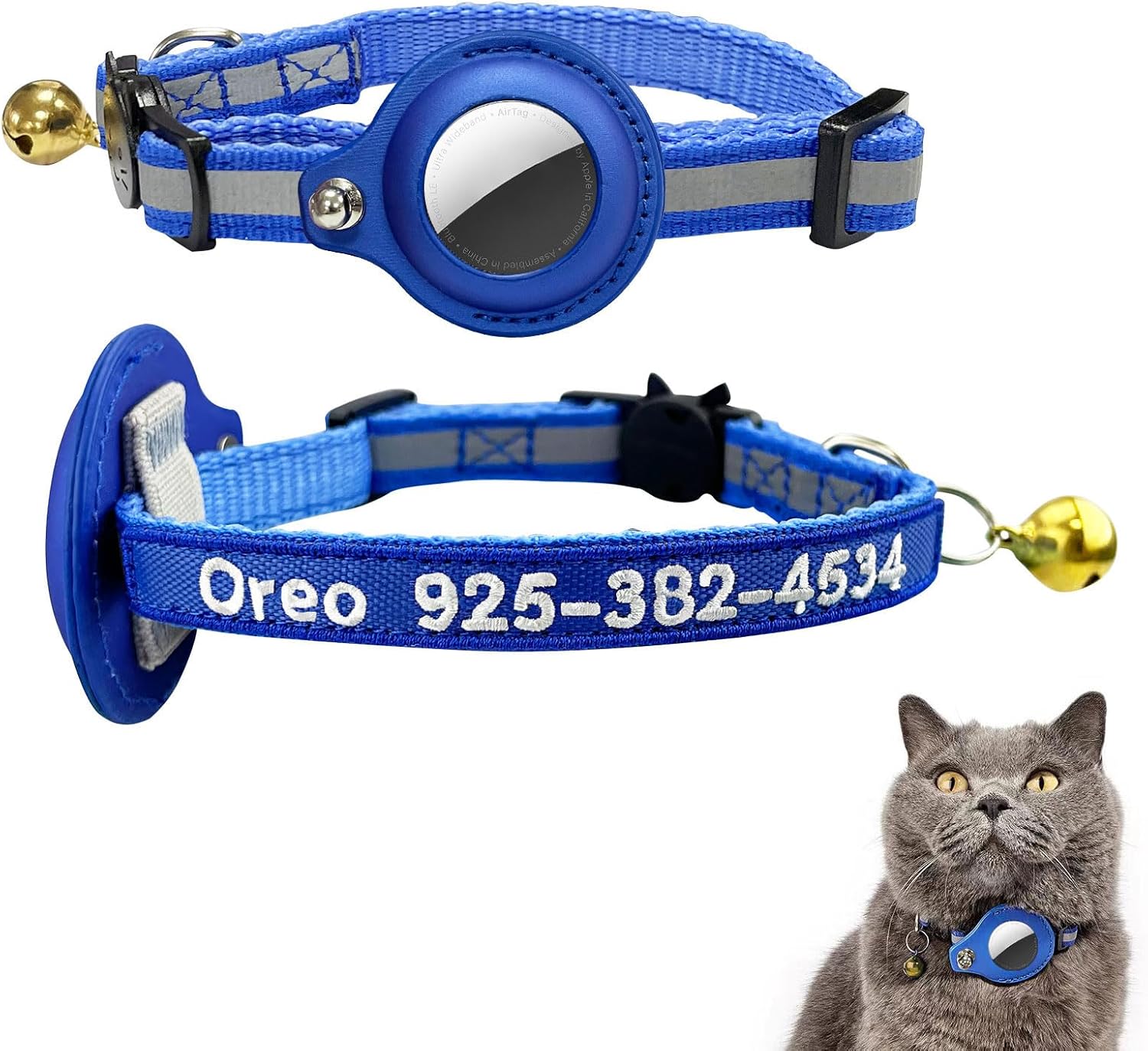 Collar para gatos Airtag, collar de identificación de gato personalizado de nailon bordado con nombre de mascota y número de teléfono con funda