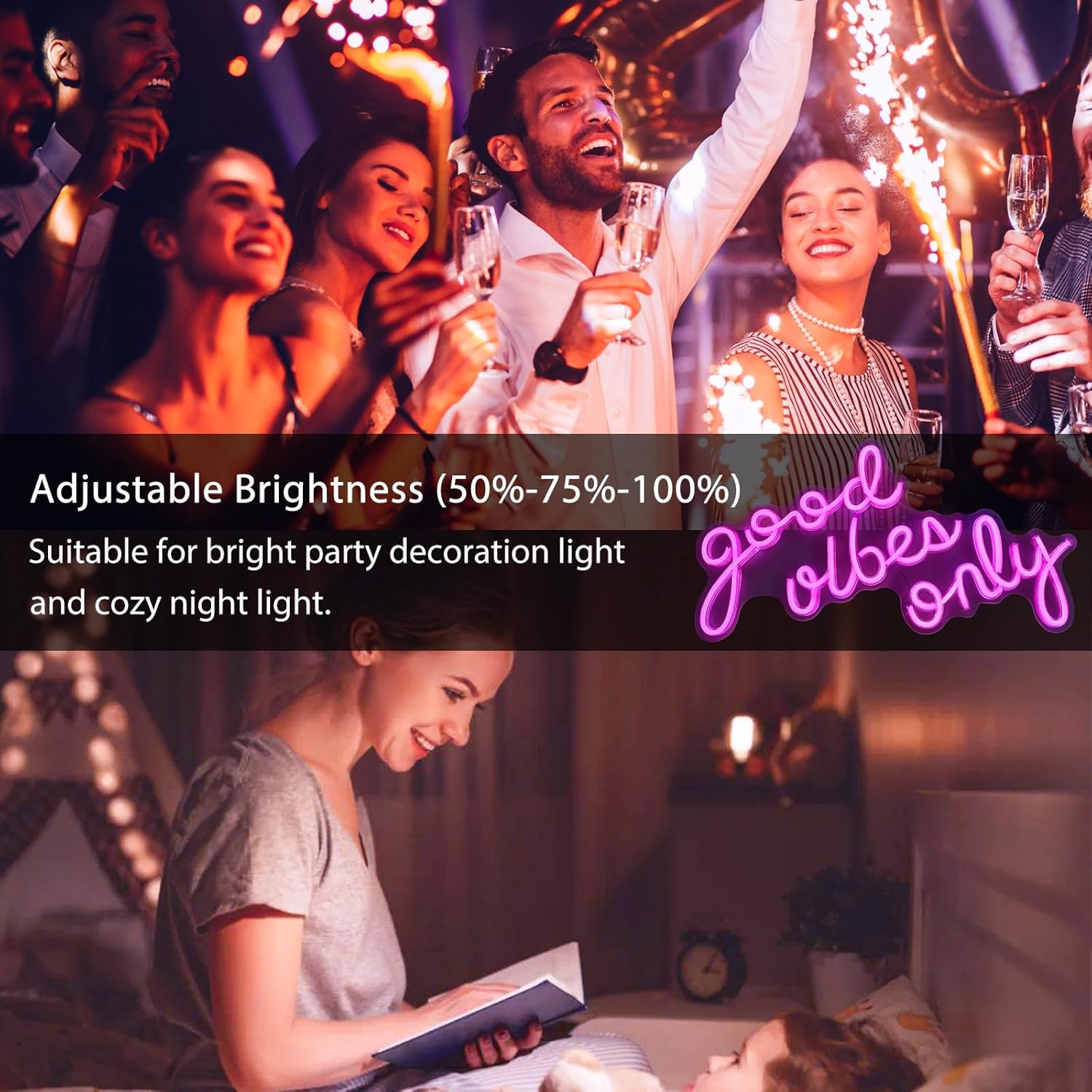 Hawisphy Good Vibes Only – Letreros de luz de neón regulables para decoración de pared, 20 x 11 pulgadas, letrero de neón LED grande, luces