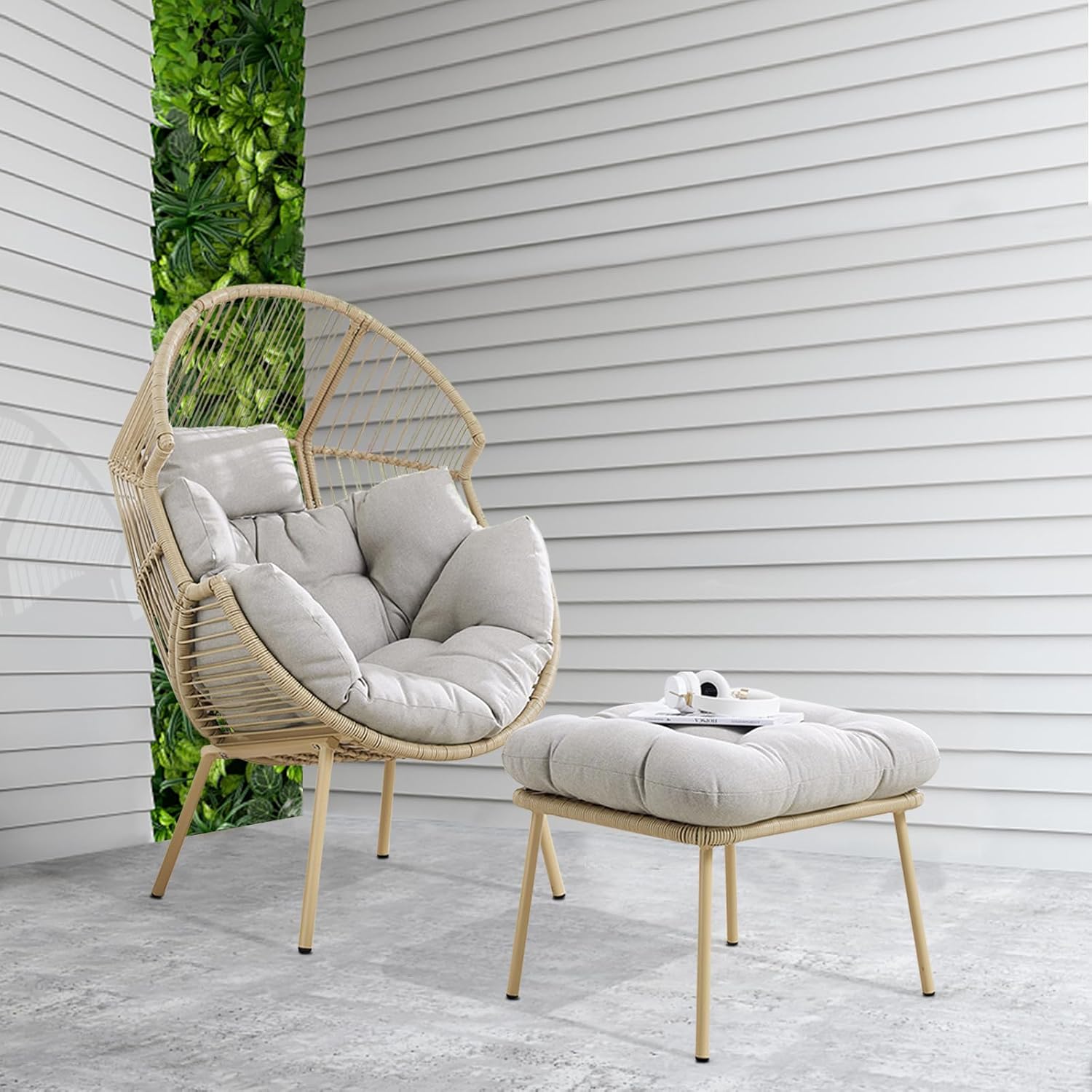 Belord Silla de mimbre con otomana, capacidad de 350 libras de capacidad, para interiores y exteriores, con forma de huevo, con soporte, cojín