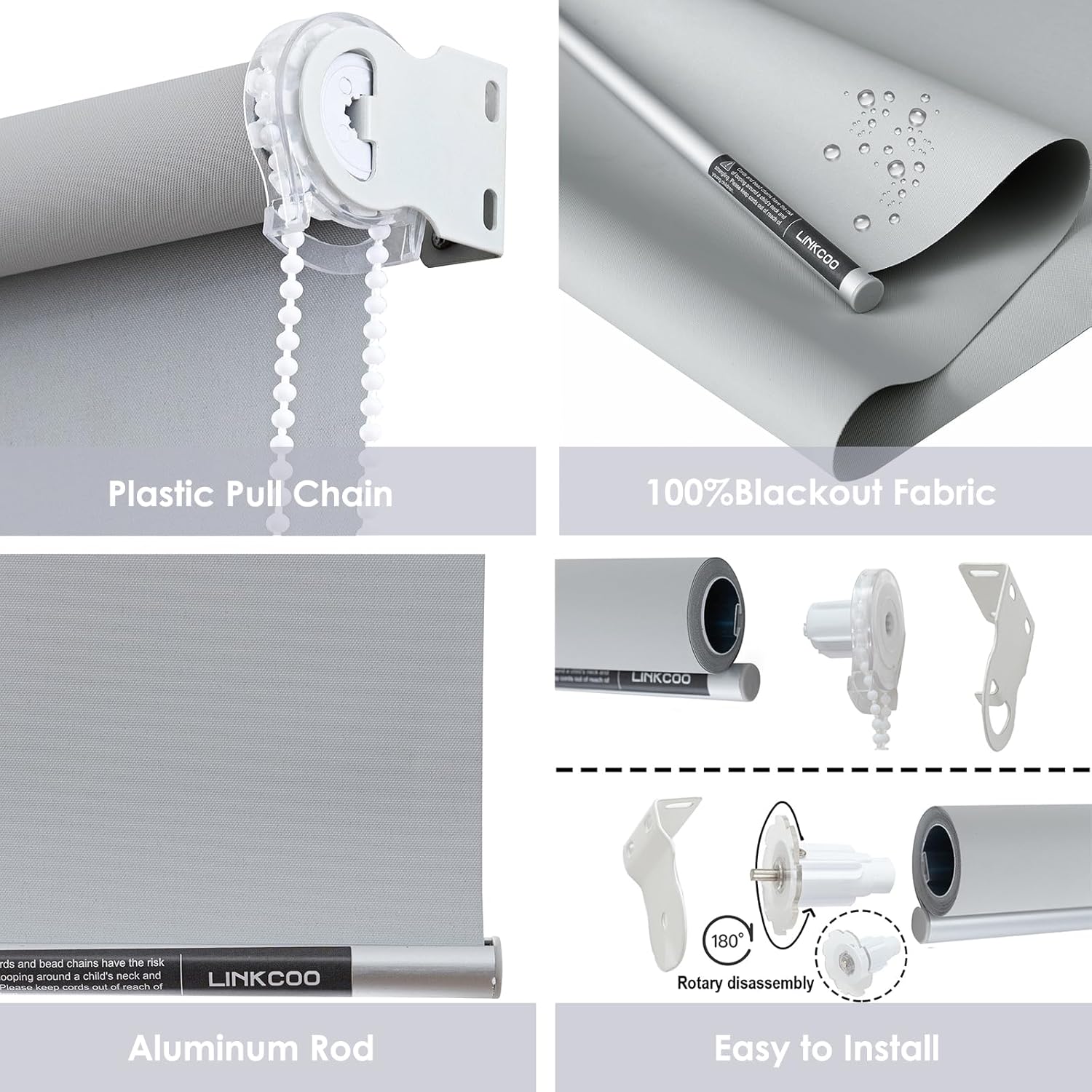 Persianas enrollables 100 % opacas, con tela impermeable con aislamiento térmico, con cadena, para hogar y oficina (gris, 74 pulgadas de ancho,