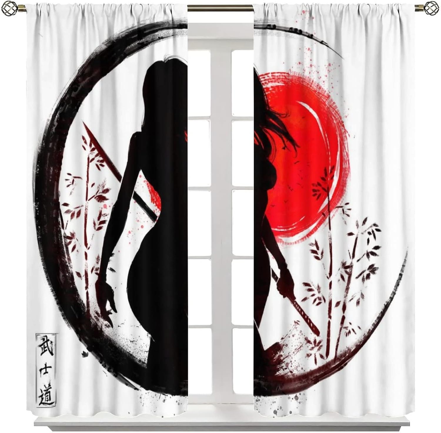 Cortina japonesa de anime samurái femenino Janpan Warrior pintura de tinta para niños y hombres, decoración de habitación, con bolsillo para barra,