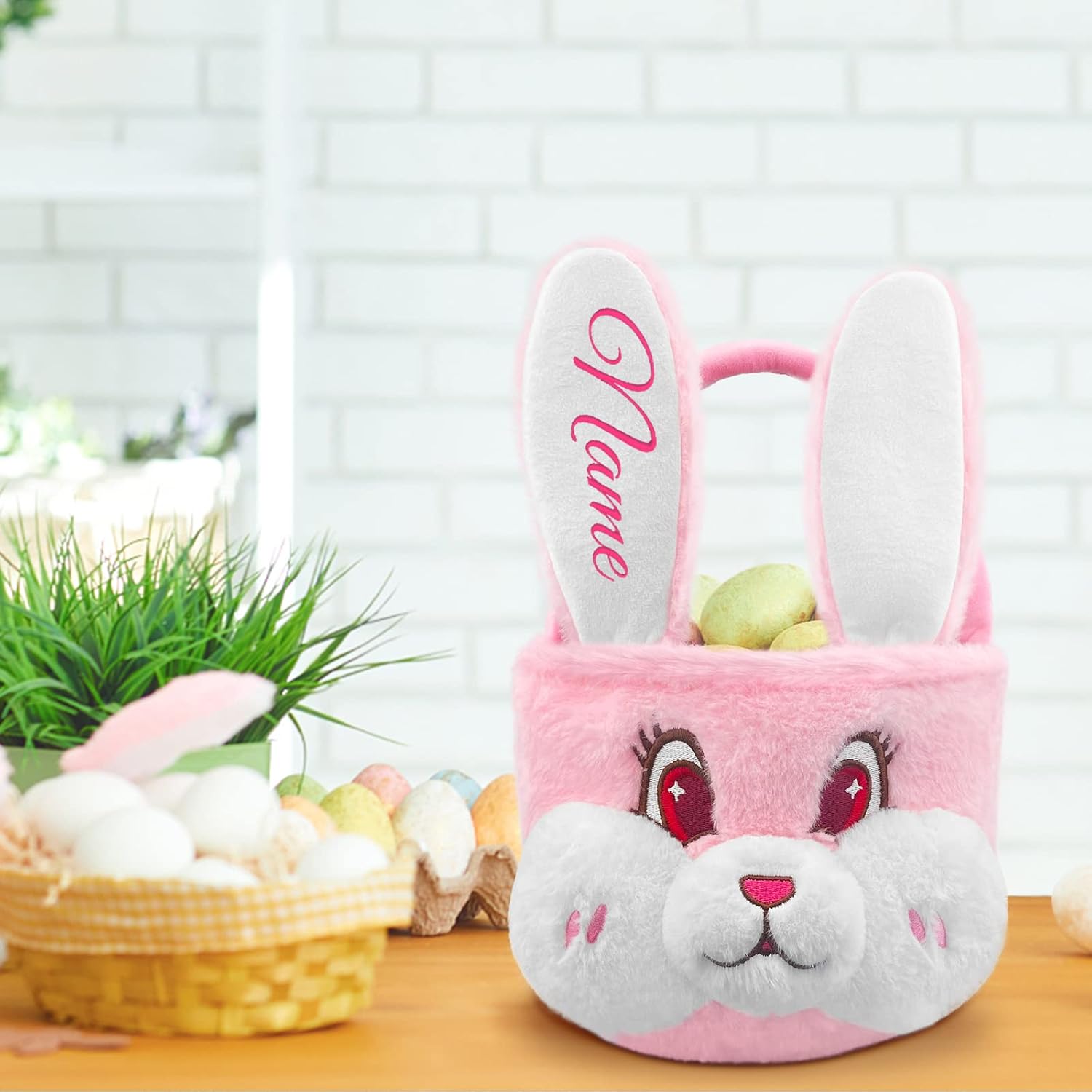 Bolsa de conejo de Pascua personalizada con diseño de conejo de felpa para niños con bordado de nombre personalizado, oreja larga para niños y