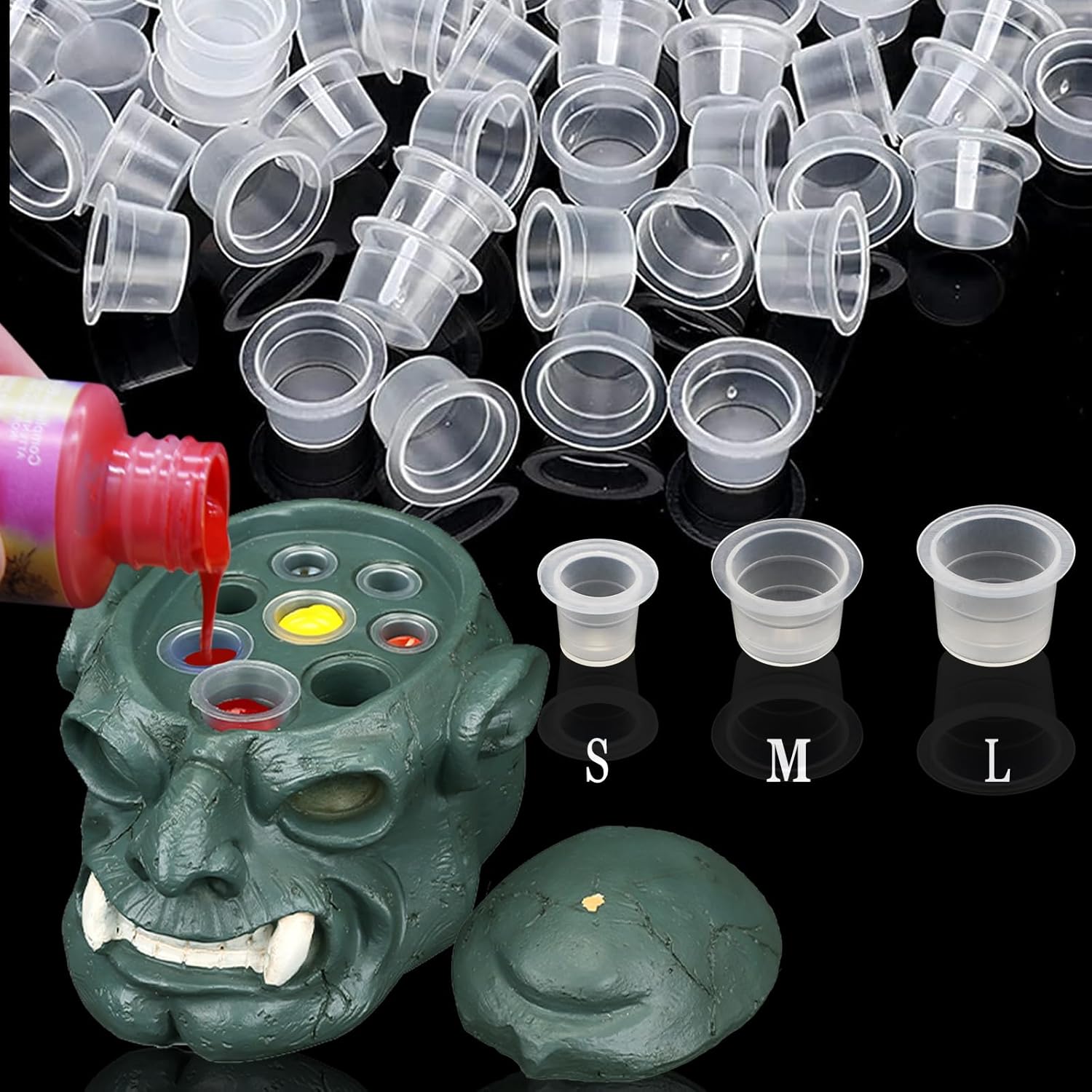 Soporte de tinta de tatuaje con tapas de tinta, Anghie 1 unidad, 8 agujeros, soporte para tazas de tinta de tatuaje de resina dura de calavera y 300