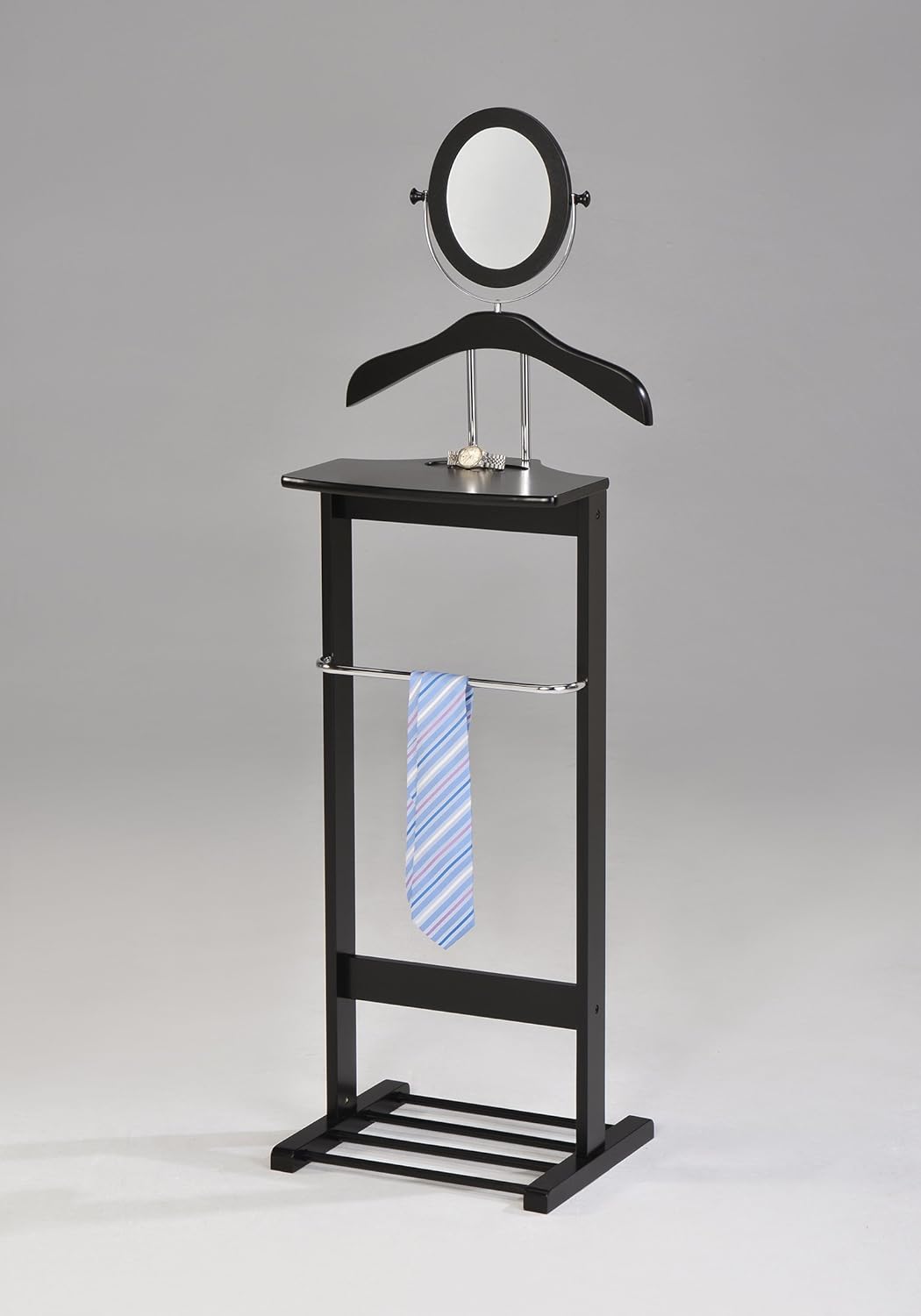 KB Designs – Soporte de valet independiente para traje y corbata de madera negra, estante organizador de ropa