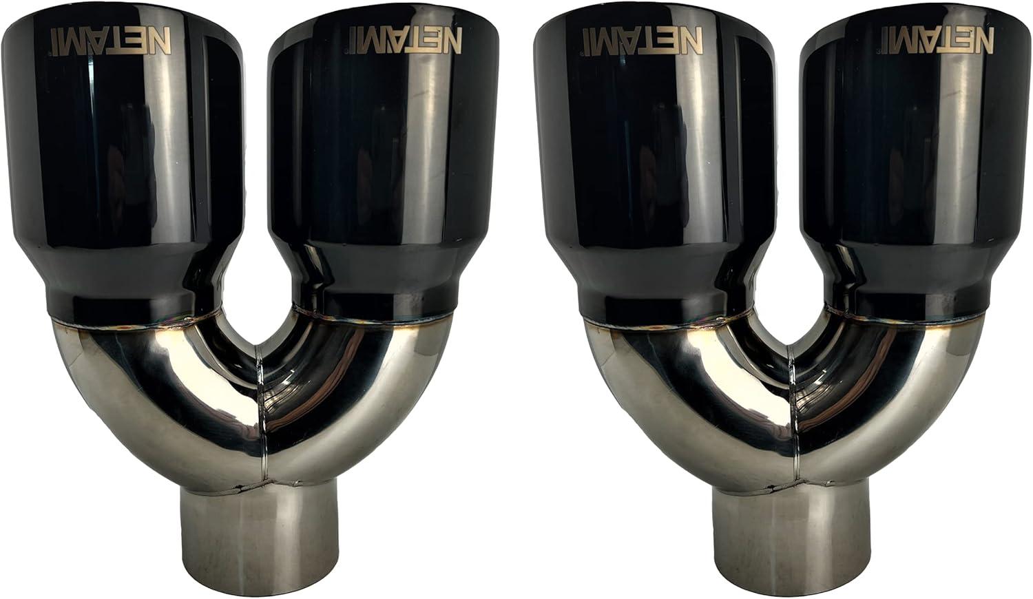 NETAMI 3 “entrada a 4” Quad Staggered Outlet Puntas de escape de acero inoxidable doble pared negro cromado acabado un par