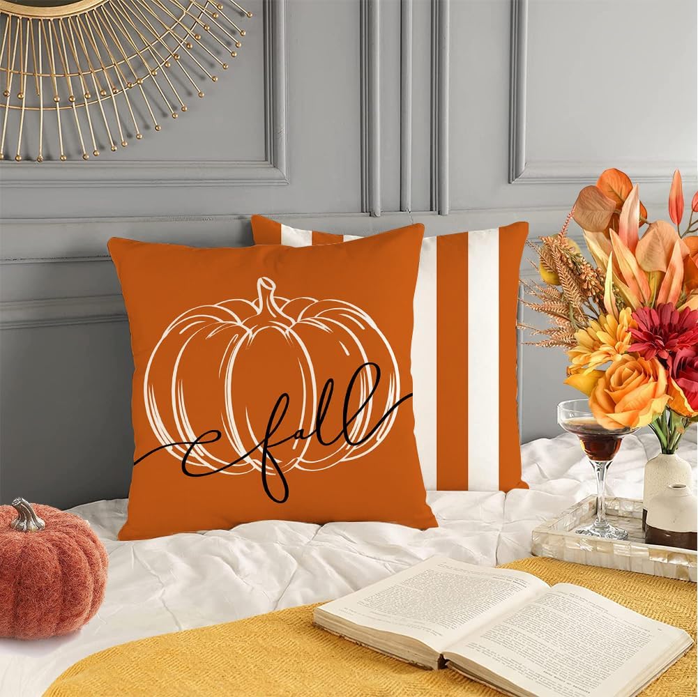 RABUSOFA Juego de 4 fundas de almohada decorativas de otoño de 18 x 18 pulgadas, fundas de almohada de calabaza de Hello Pumpk, almohadas