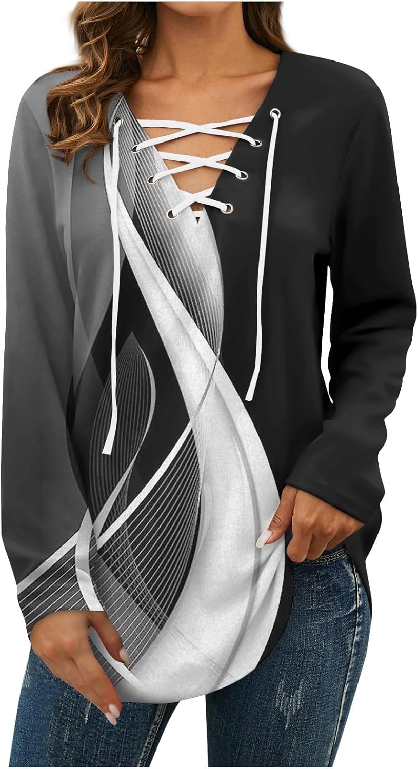 GOFULY Blusas de manga larga para mujer, color sólido, con tirantes, ajuste holgado, cuello en V, manga larga, sudadera de invierno