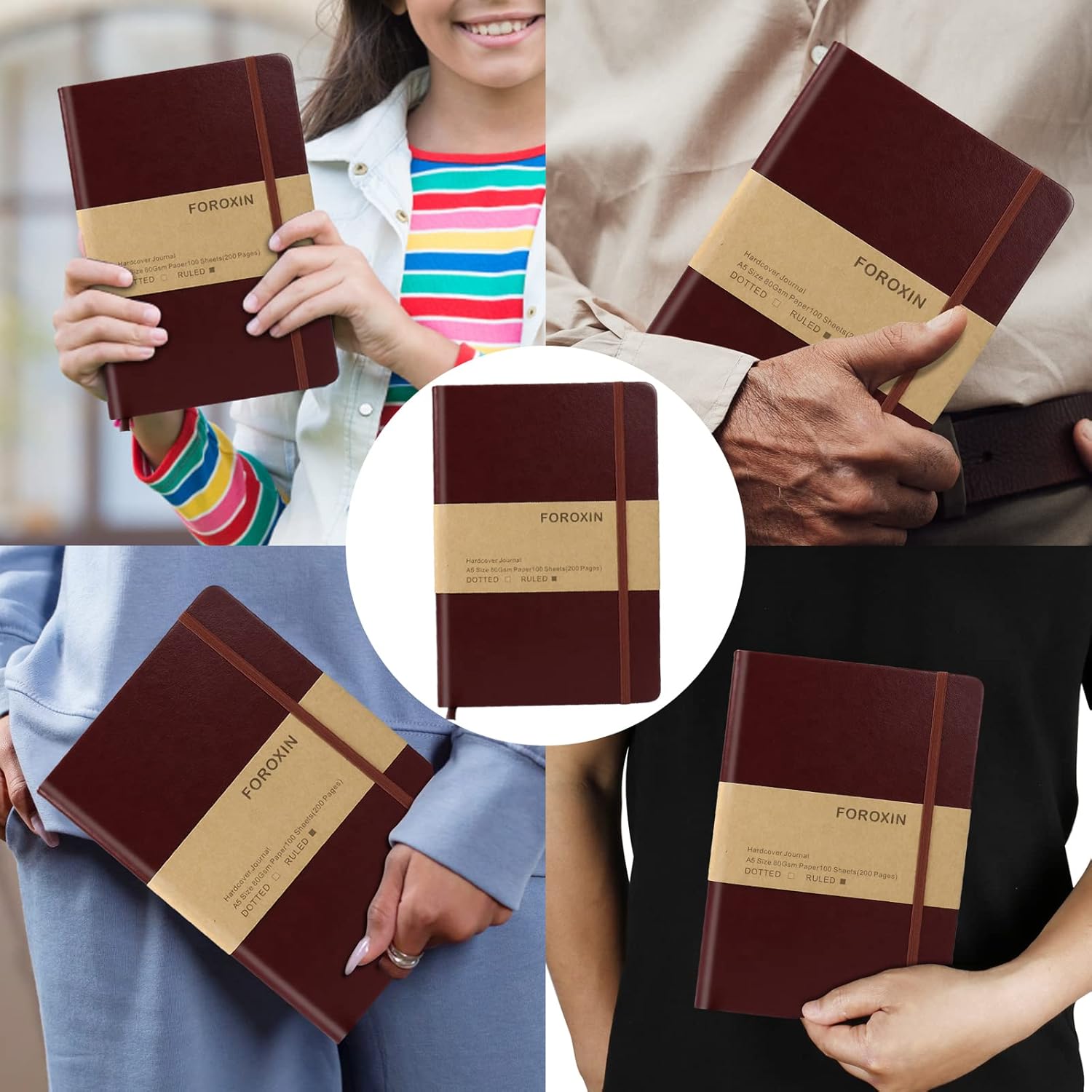 Cuaderno de diario (A5, color marrón), 192 páginas, tamaño mediano de 5.7 x 8.3 pulgadas, papel grueso de 2.82 ozm, tapa dura